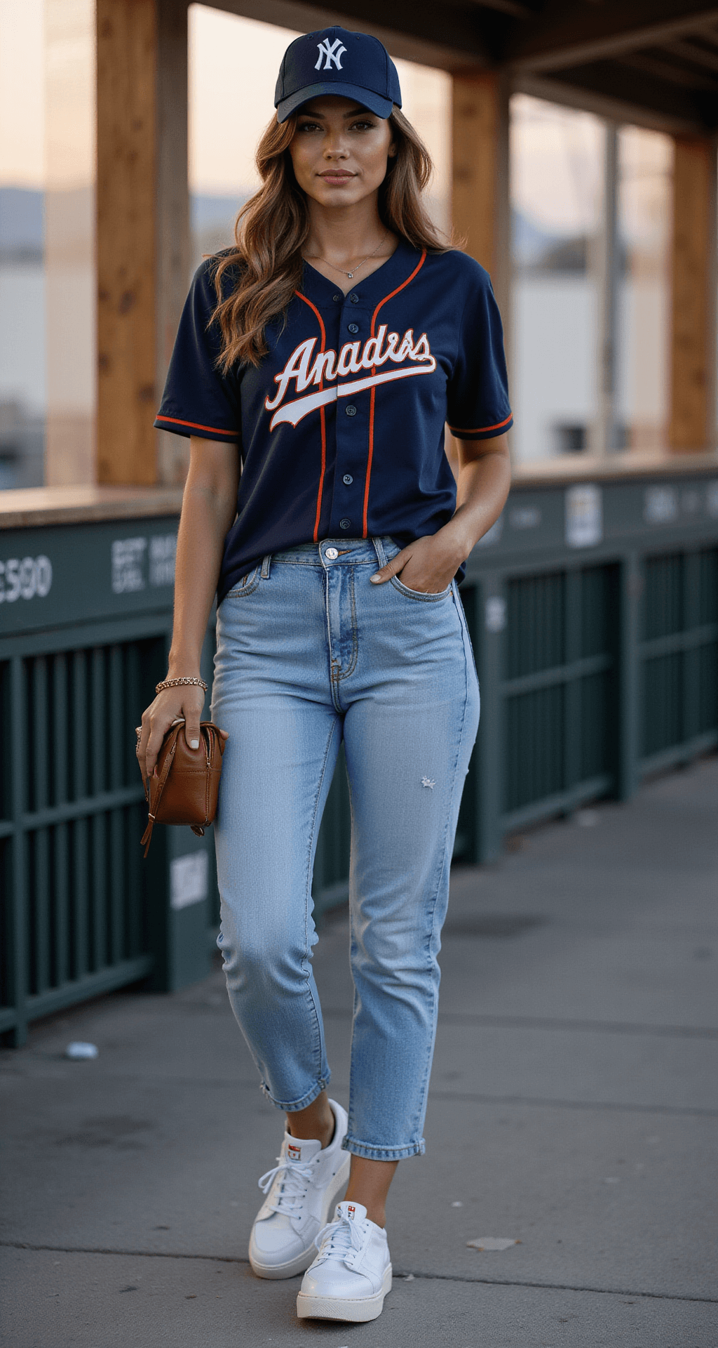 ROCKING THE PERFECT BASEBALL GAME OUTFIT: A REAL GIRL'S GUIDE A woman in a fitted team jersey and high-waist light wash jeans stands in a stadium concession area during early evening, wearing white platform sneakers and a backwards team cap. She accessorizes with a small leather wristlet and a delicate anklet, surrounded by ambient lighting and leading lines that enhance the contemporary lifestyle atmosphere.