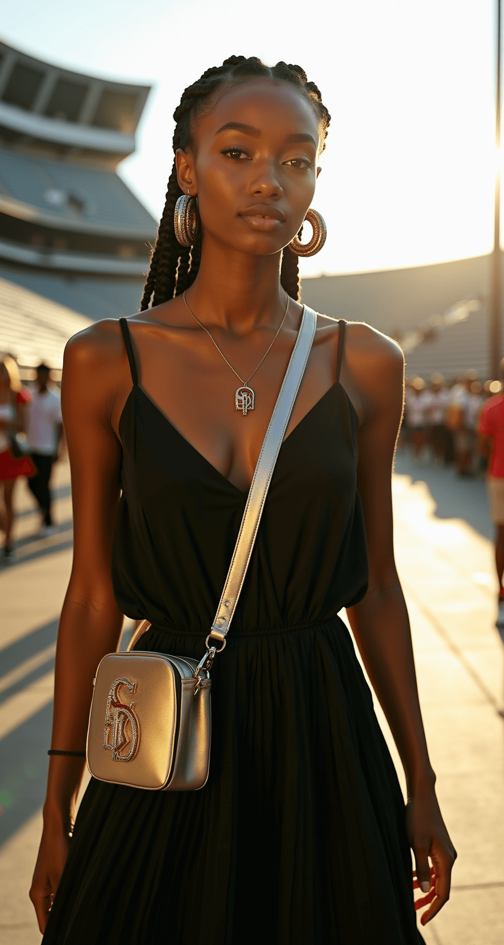 Game Day Glam: The Ultimate Style Guide for Black Women Who Love Sports A young Black woman confidently strides towards a stadium entrance during golden hour, wearing a black sundress with delicate pleating and team-colored statement accessories, including oversized hoop earrings and a metallic team-logo crossbody bag. Her sleek protective braids feature metallic accents, and her neutral makeup subtly highlights her features against a clear September sky and the visible stadium architecture. The image is captured from a low angle with a shallow depth of field, emphasizing her movement and the urban sport aesthetic.