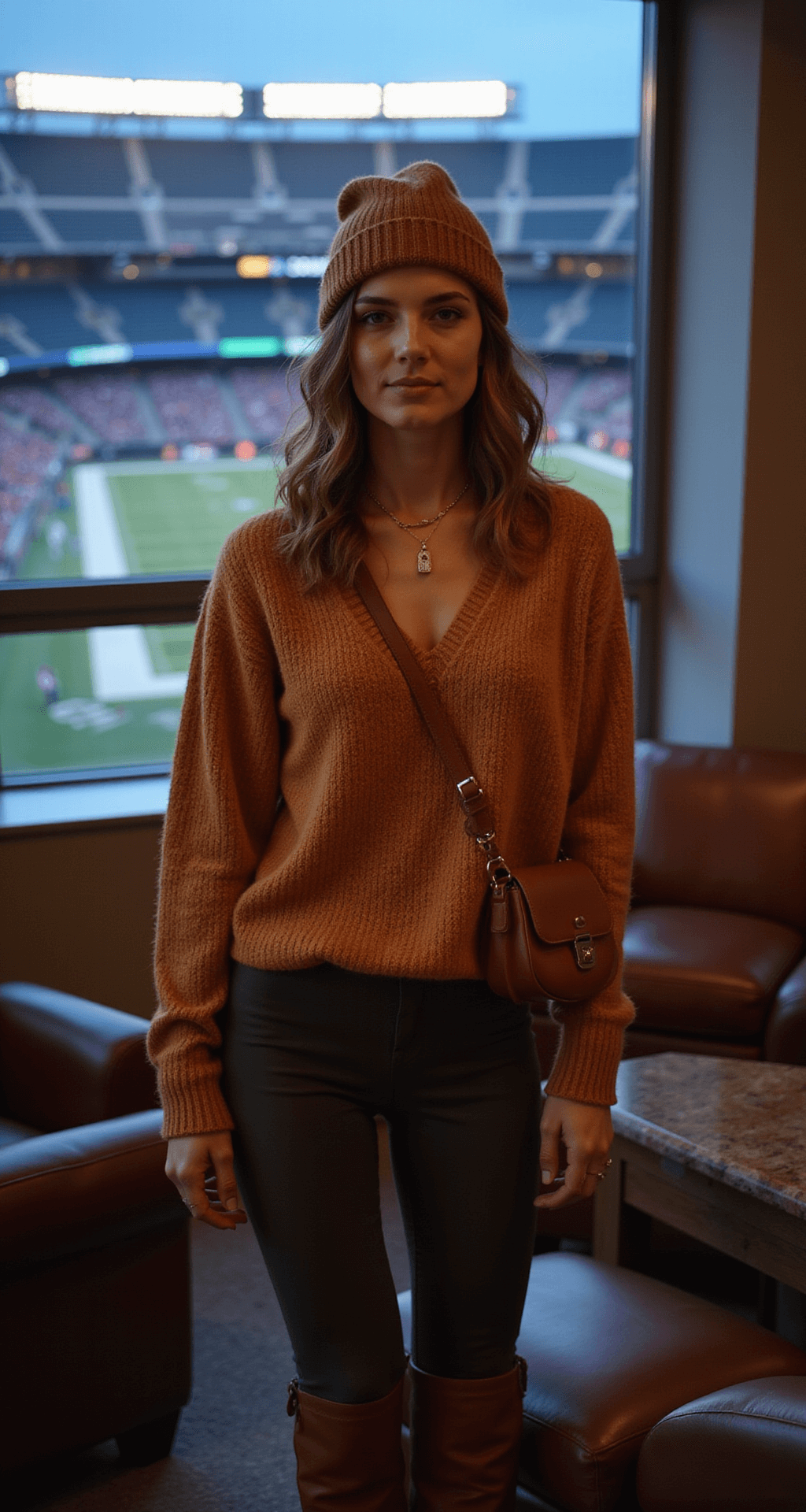 Game Day Glam: The Ultimate Style Guide for Black Women Who Love Sports Cozy stadium suite interior with soft ambient lighting featuring a model in a luxe oversized team sweater, thermal leggings, and cognac leather boots, complemented by a team-colored beanie and layered gold jewelry, with a leather crossbody bag and stadium lights illuminating the background at dusk.