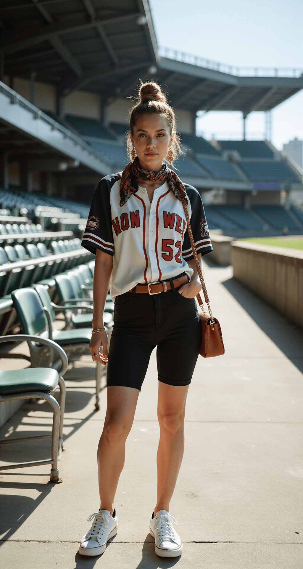 Game Day Glam: The Ultimate Style Guide for Black Women Who Love Sports A model stands in a sun-drenched baseball stadium concourse, wearing a creatively knotted team jersey as a dress over black bike shorts, cinched with a vintage-inspired leather belt. She has pristine white sneakers, a team-colored silk scarf in her hair, and geometric statement earrings. A coordinating leather crossbody bag completes the look. The shot is taken from a front three-quarter angle, showcasing architectural details and dynamic movement in bright midday lighting.