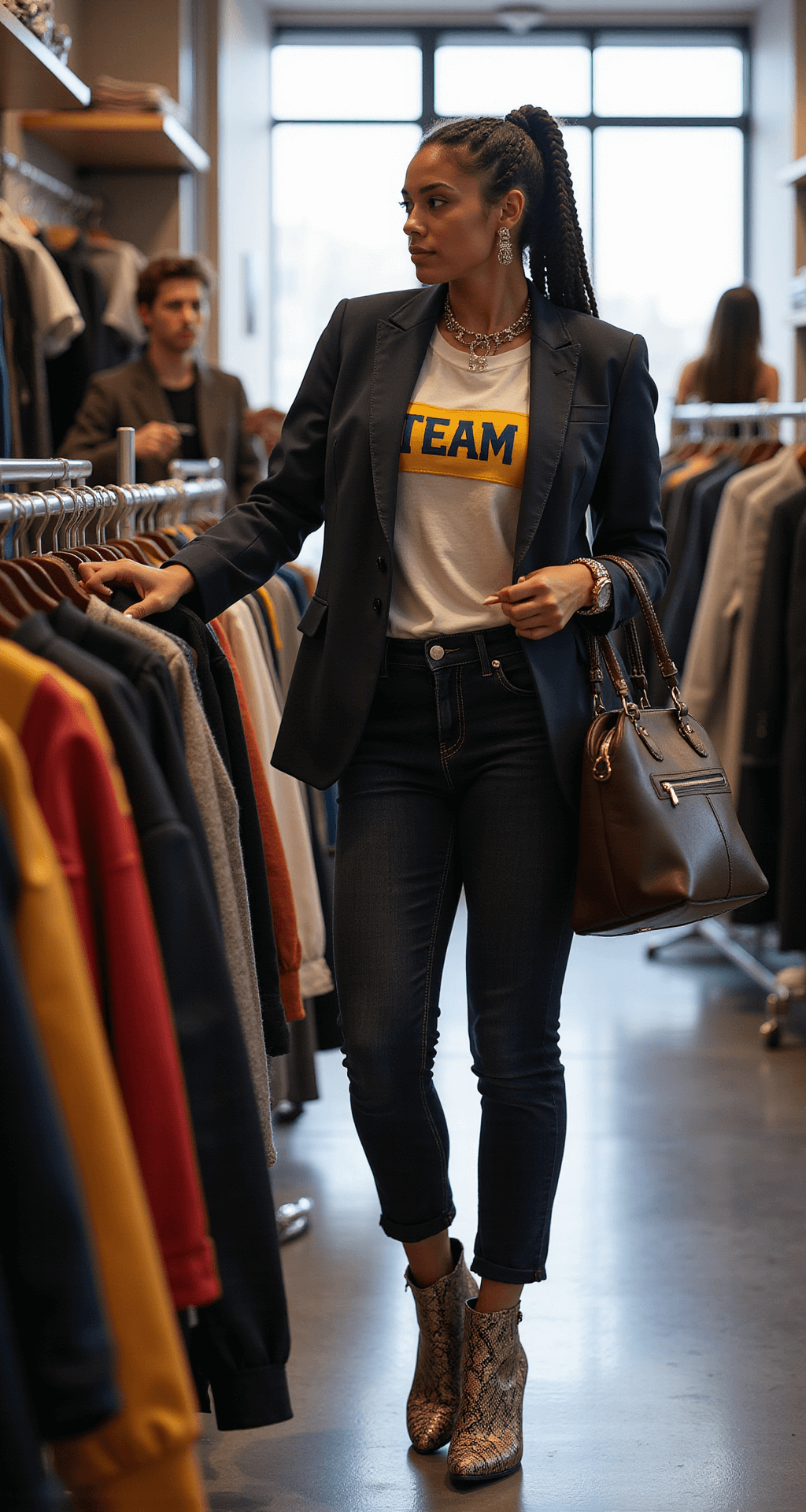 Game Day Glam: The Ultimate Style Guide for Black Women Who Love Sports A model browses through racks of team apparel in a modern boutique, wearing a tailored team-colored blazer over a graphic tee, high-waisted dark denim, and snakeskin boots. Her protective braided updo is accessorized with metallic accents, and she holds a structured leather tote in the team shade. Soft window light illuminates the scene, capturing the merchandising details and authentic shopping experience.
