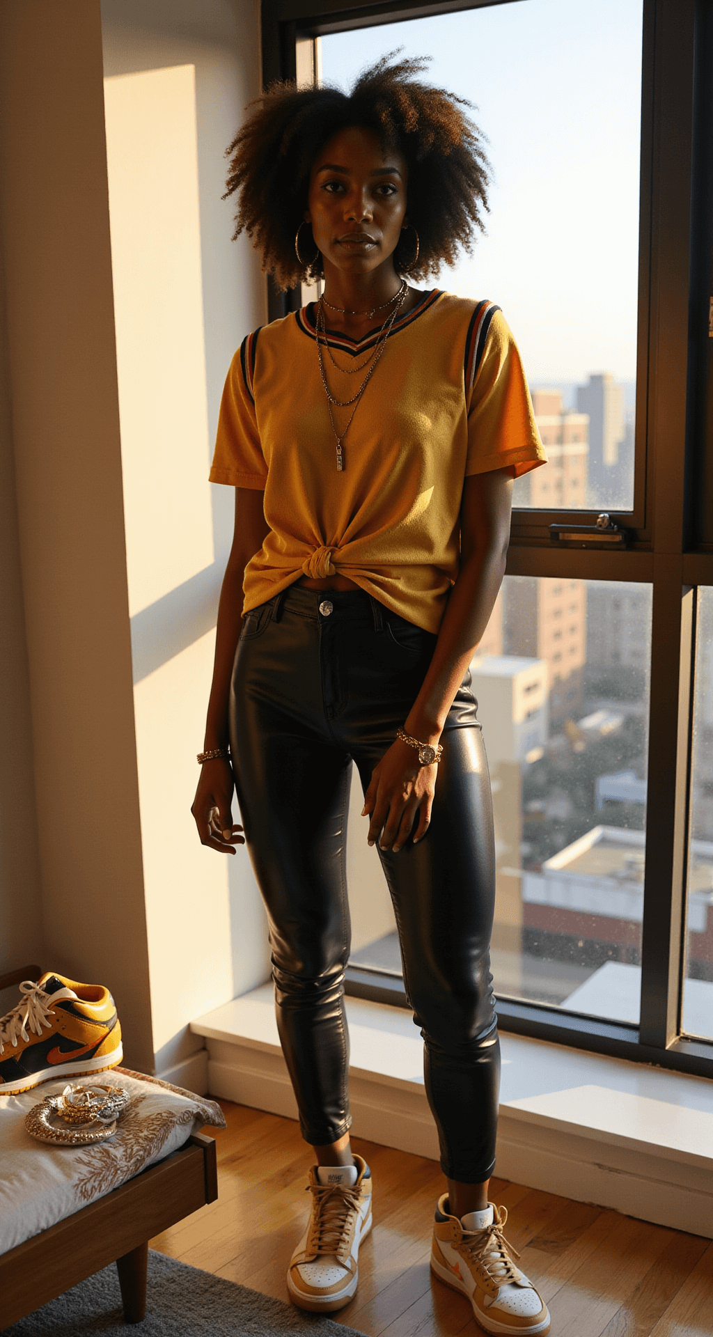 A stylish Black woman wears an oversized NBA jersey knotted at the waist over high-waisted black leather leggings in a sunlit modern apartment bedroom, with floor-to-ceiling windows showing an urban skyline. Nike Dunks in team colors are nearby, alongside a minimalist jewelry dish holding layered gold necklaces and statement hoops, all captured in photorealistic detail from a low angle.