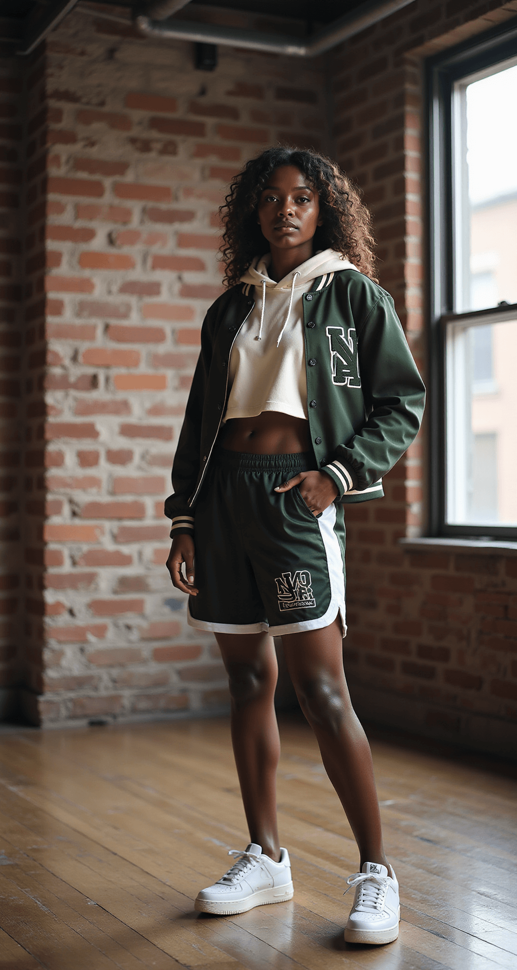 A stylish Black woman in a cropped cream hoodie layered under a vintage varsity jacket and a basketball jersey, standing in an industrial-chic loft with exposed brick walls. Sunlight streams in, highlighting the soft cotton, structured jacket, and smooth jersey materials. She completes her look with clean white Air Force 1s, captured in a three-quarter angle that emphasizes thoughtful styling details.