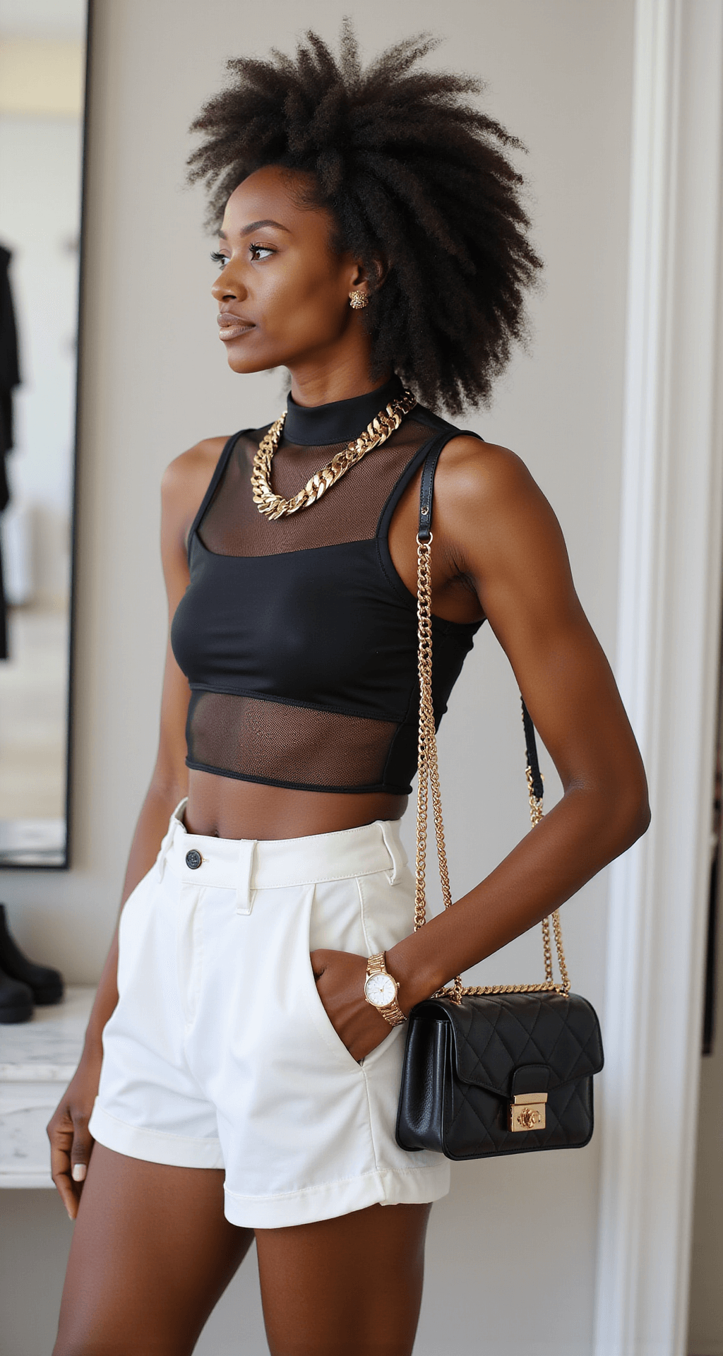 A Black woman styles a mesh overlay tank in team colors over a fitted crop top, paired with high-waisted white shorts, in an airy minimalist dressing room with marble accents. The scene captures the interplay of textures and layers, accented by a designer crossbody bag and chunky gold jewelry, with diffused natural light enhancing the high-end boutique atmosphere.