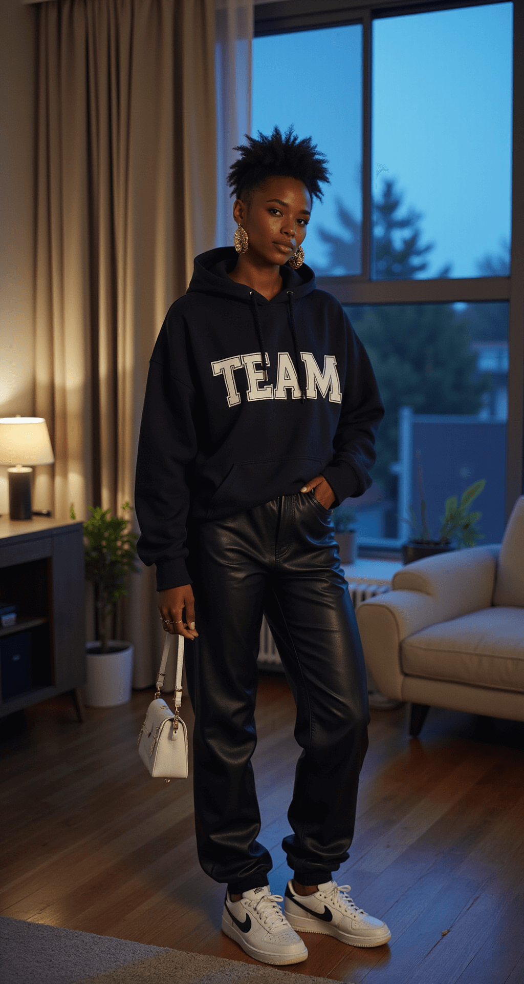 A Black woman in a cozy home setting layers an oversized team hoodie over sleek leather pants, accessorized with chunky gold hoops and a subtle stack of bracelets, while fresh white Nike Dunks provide contrast, captured during blue hour in a documentary-style composition.