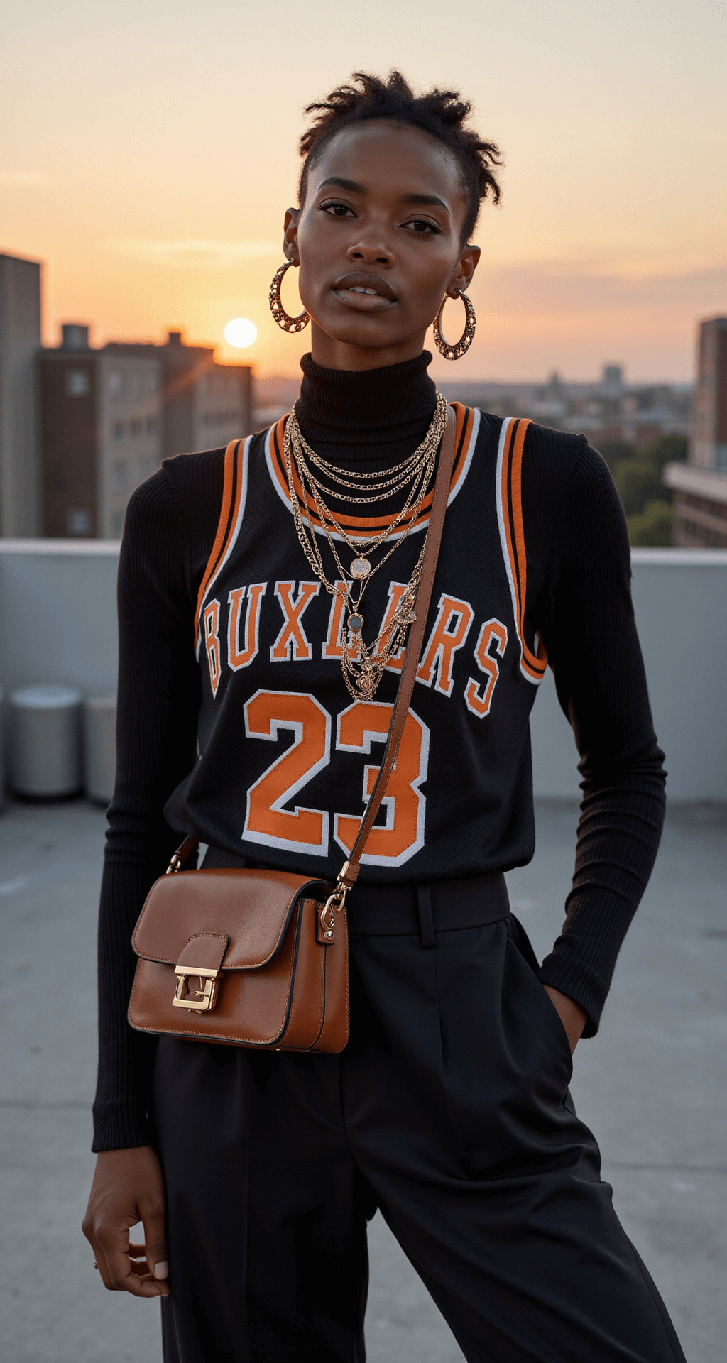 A Black woman in a black turtleneck layered under a vintage basketball jersey poses on an urban rooftop at sunset, wearing wide-leg trousers, multiple gold necklaces, and architectural hoop earrings. A premium leather crossbody bag adds sophistication against the backdrop of the city skyline in golden hour lighting.