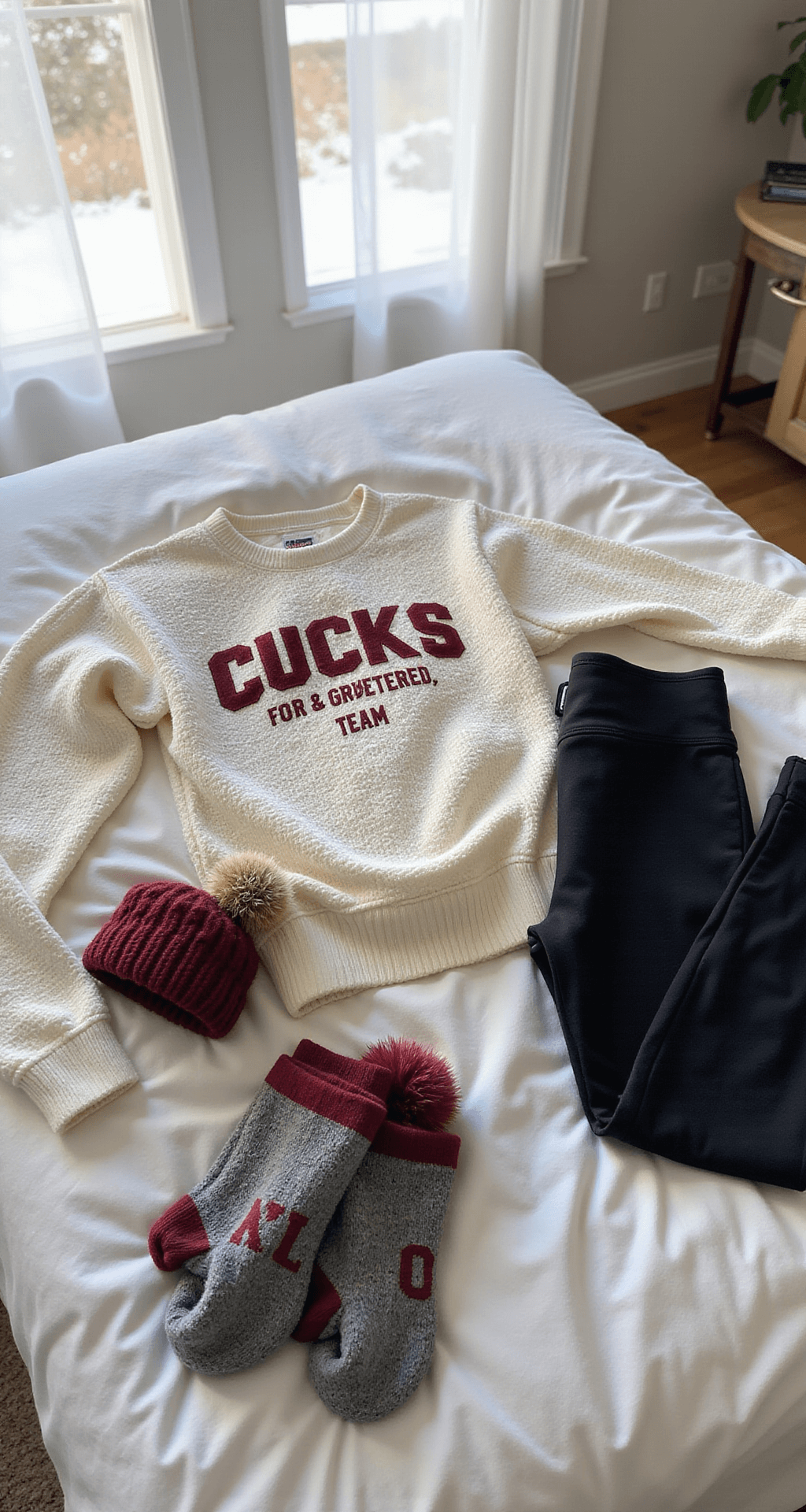 Cozy bedroom scene capturing a thoughtfully arranged outfit on plush white bedding, featuring a cream waffle-knit thermal top, vintage-wash team sweatshirt, fleece-lined black leggings, and premium wool socks in team colors, with accessories like touchscreen gloves, a pom-pom beanie, and hand warmers, all bathed in soft morning light from the windows.