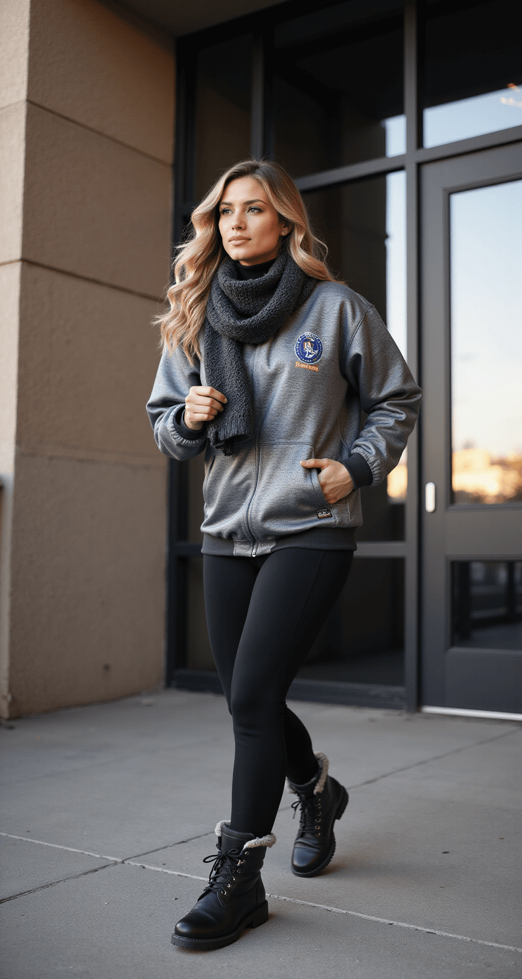 A passionate sports fan in a dramatic late afternoon setting at a stadium entrance, showcasing a 'Serious Fan Setup' with a thermal base layer, oversized team sweatshirt, sleek metallic waterproof jacket, fleece-lined leggings, waterproof snow boots, a stylish team scarf, and leather gloves, captured mid-movement against the backdrop of striking stadium architecture.
