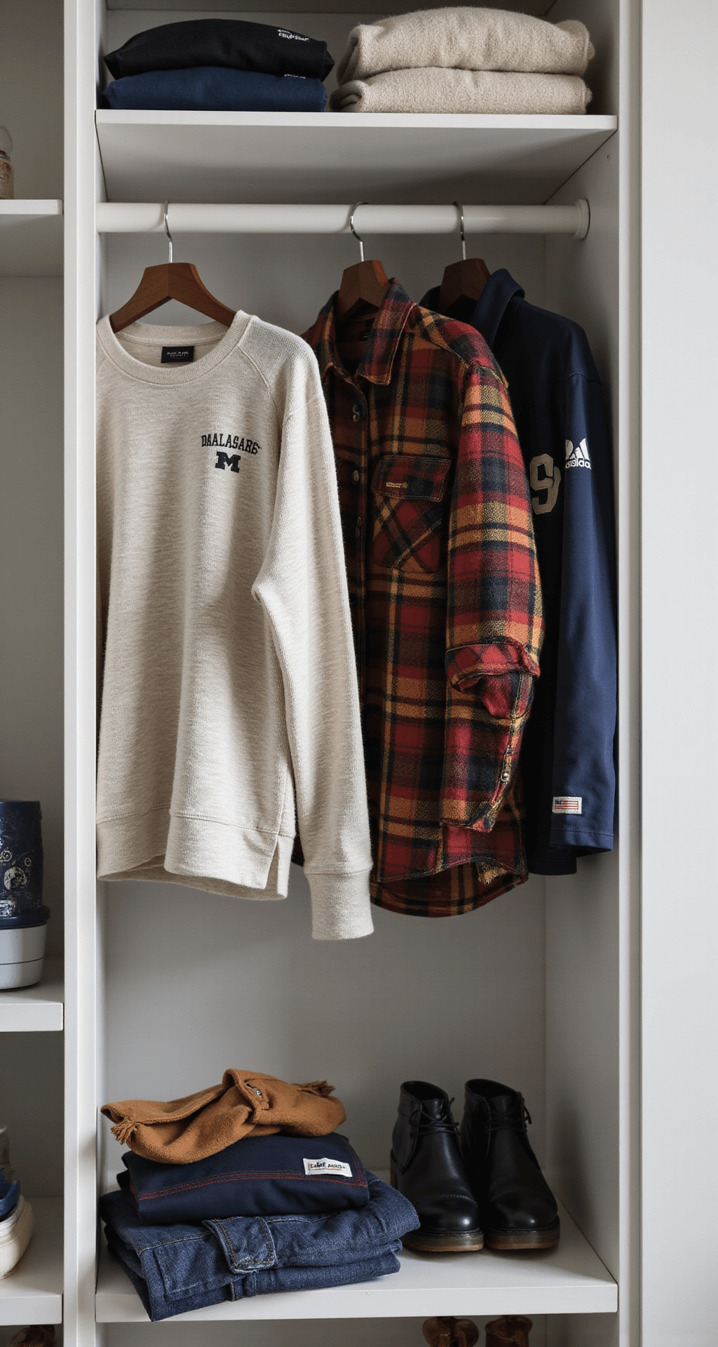 A modern dressing room featuring a minimalist white clothing rack displaying an array of layering pieces, including thermal tops in neutral tones, plaid flannel shirts, jerseys, and technical outerwear, all arranged by color. The scene is illuminated by soft, diffused natural light, highlighting the textures of the fabrics and team logos, styled with a fashion magazine editorial aesthetic.