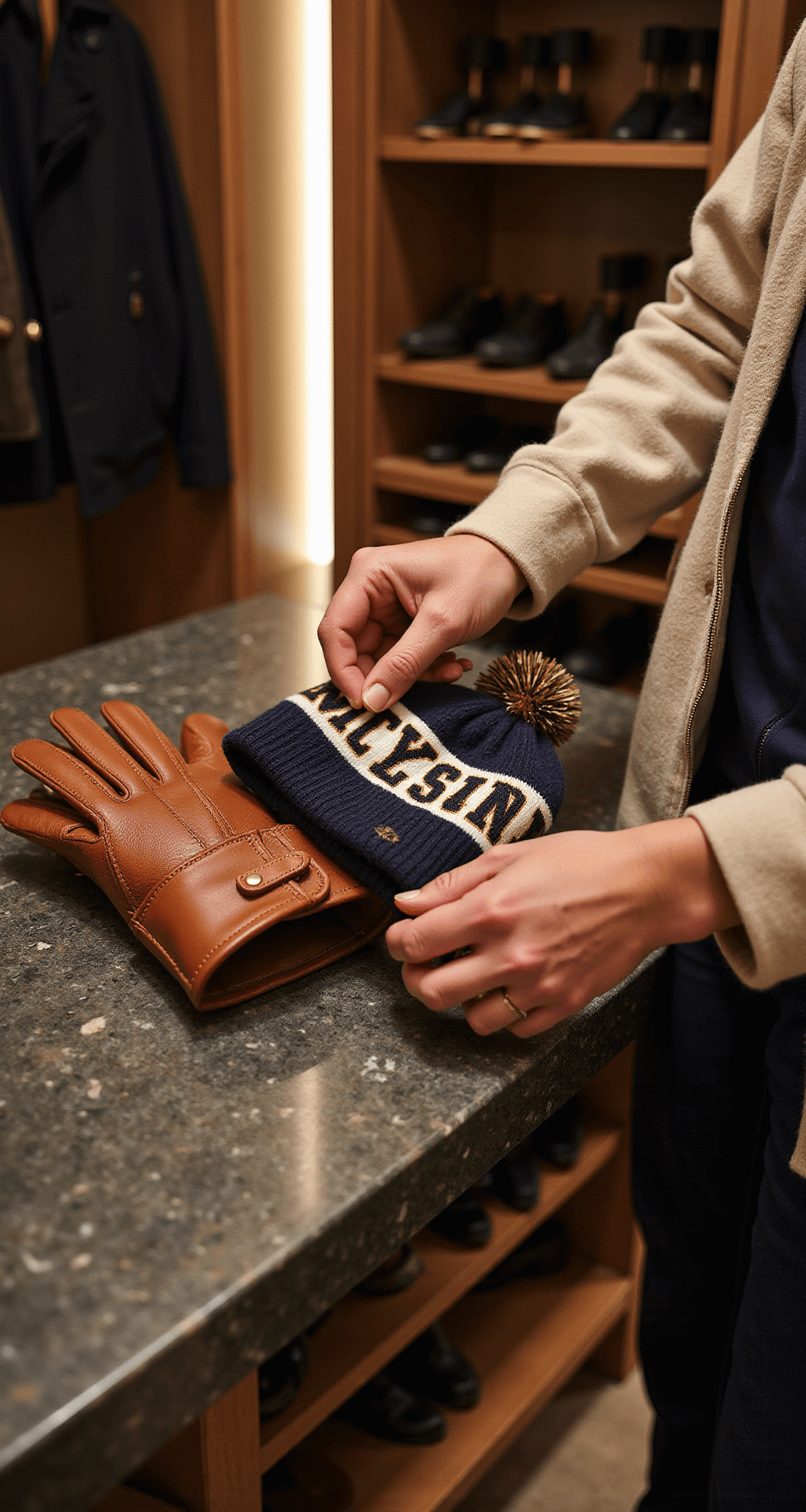 Intimate close-up of hands arranging cold weather accessories, including leather gloves, a cashmere team scarf, a beanie with a removable pom, hand warmers, and beauty essentials on a marble surface in a well-lit walk-in closet, showcasing premium textures and design details.