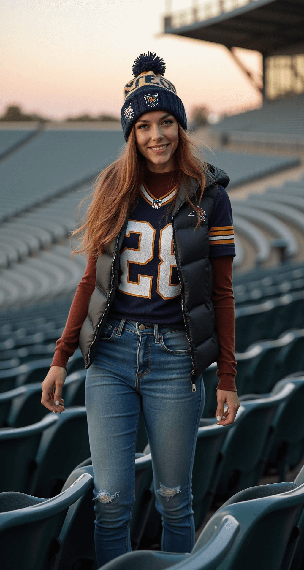 A dynamic stadium seating area at magic hour featuring a casually stylish person wearing a layered jersey over a visible thermal, high-waisted jeans tucked into heeled booties with sock detail. Their hair is blown by the wind under a team beanie, and a puffer vest adds structure to the outfit. The shot is taken from above, showcasing the full outfit and the vibrant stadium atmosphere.