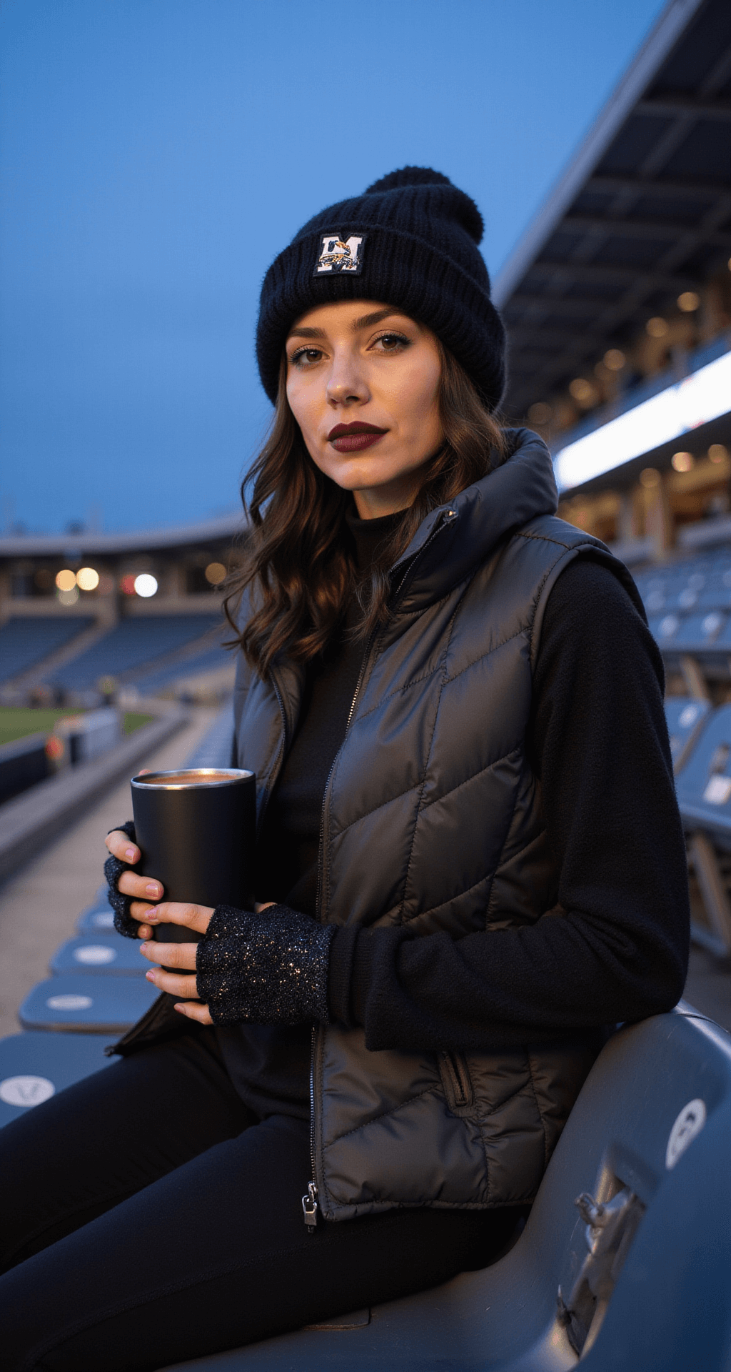 Cozy stadium seat scene during blue hour featuring a person in black fleece-lined joggers, an oversized black quilted puffer vest over a thermal long-sleeve shirt, and fingerless gloves with subtle sparkle. They wear a black plush beanie with a team patch and dark burgundy lip stain, holding a black tumbler of hot chocolate. The shot is taken from slightly above, highlighting the layering details with mixed natural and stadium lighting.