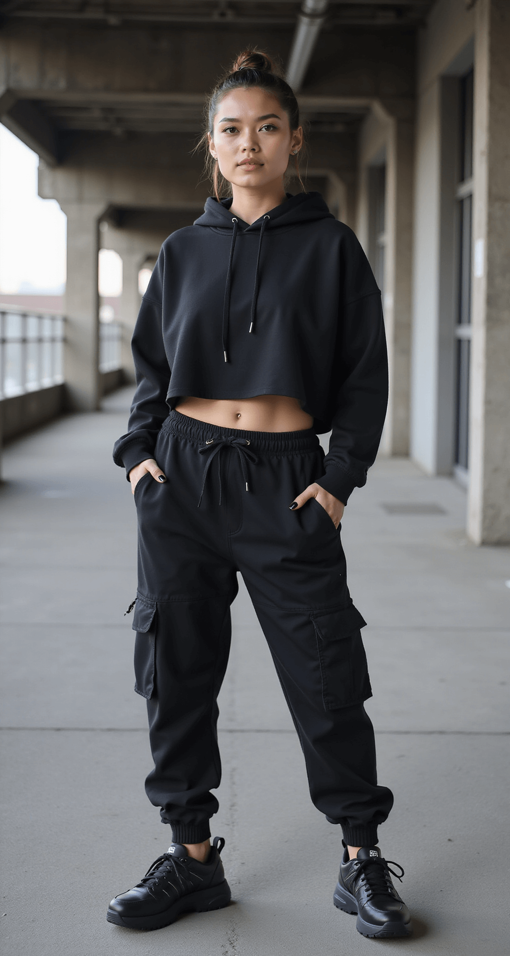 A stylish individual wearing black cargo joggers, a cropped black hoodie, and chunky platform sneakers with reflective details stands on a stadium concourse, framed by industrial concrete and steel architecture. The person's look is accessorized with multiple small black hair clips, graphic eyeliner, and matte black nails, captured from a low angle that emphasizes leading lines.