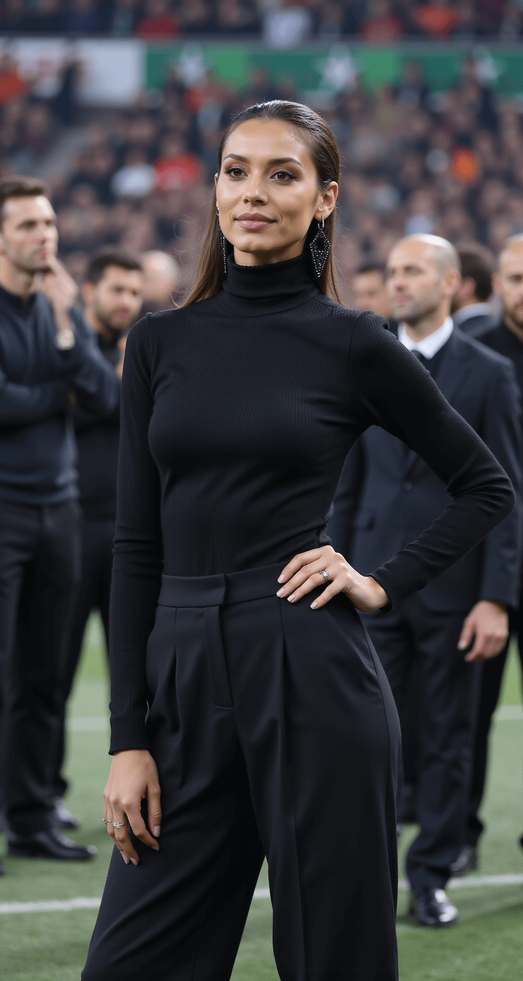 A fashionable figure in a sleek black ribbed turtleneck bodysuit and high-waisted wide-leg trousers stands under stadium lights, showcasing a dramatic look with pointed ankle boots, slicked-back hair adorned with subtle glitter, and geometric earrings, while a blurred crowd appears in the background.
