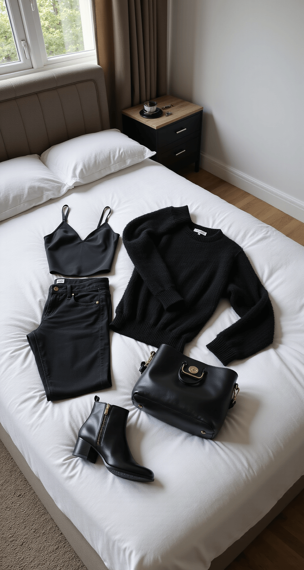 Intimate flat lay of an all-black outfit arranged on a minimal white bed, featuring premium black denim, a silk camisole, a cashmere sweater, leather ankle boots, and a structured crossbody bag, with subtle team accessories and morning light streaming through windows.