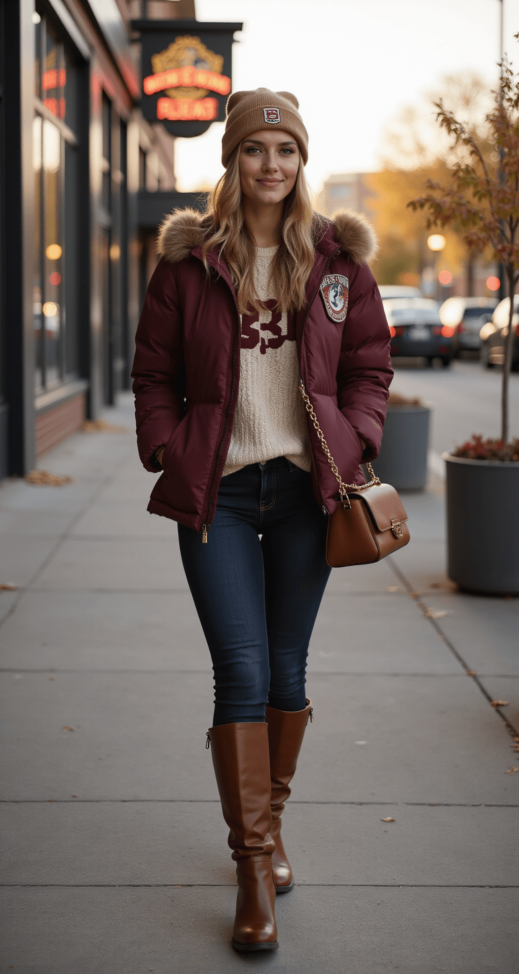 A stylish female sports fan confidently walks toward a stadium entrance during golden hour, wearing a burgundy puffer jacket, cream cable-knit sweater, vintage team jersey, and dark wash skinny jeans tucked into cognac leather knee-high boots, while her camel wool beanie adorned with team patches and matching leather crossbody bag add to her look; soft autumn sunlight highlights the metallic team logo pins on her jacket, with blurred stadium lights in the background.