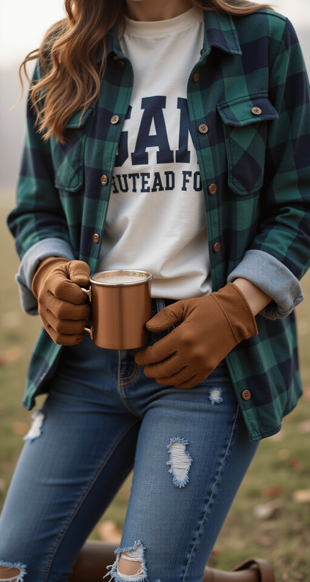 A close-up of a cozy pre-game tailgate outfit featuring a thick cream thermal shirt under a plaid flannel in forest green and navy, topped with a vintage-wash team sweatshirt. The look is completed with distressed denim, brown suede ankle boots, and thick wool socks. Leather gloves hold a copper tumbler of hot cocoa as early morning light filters through light fog, highlighting the textures of the clothing.