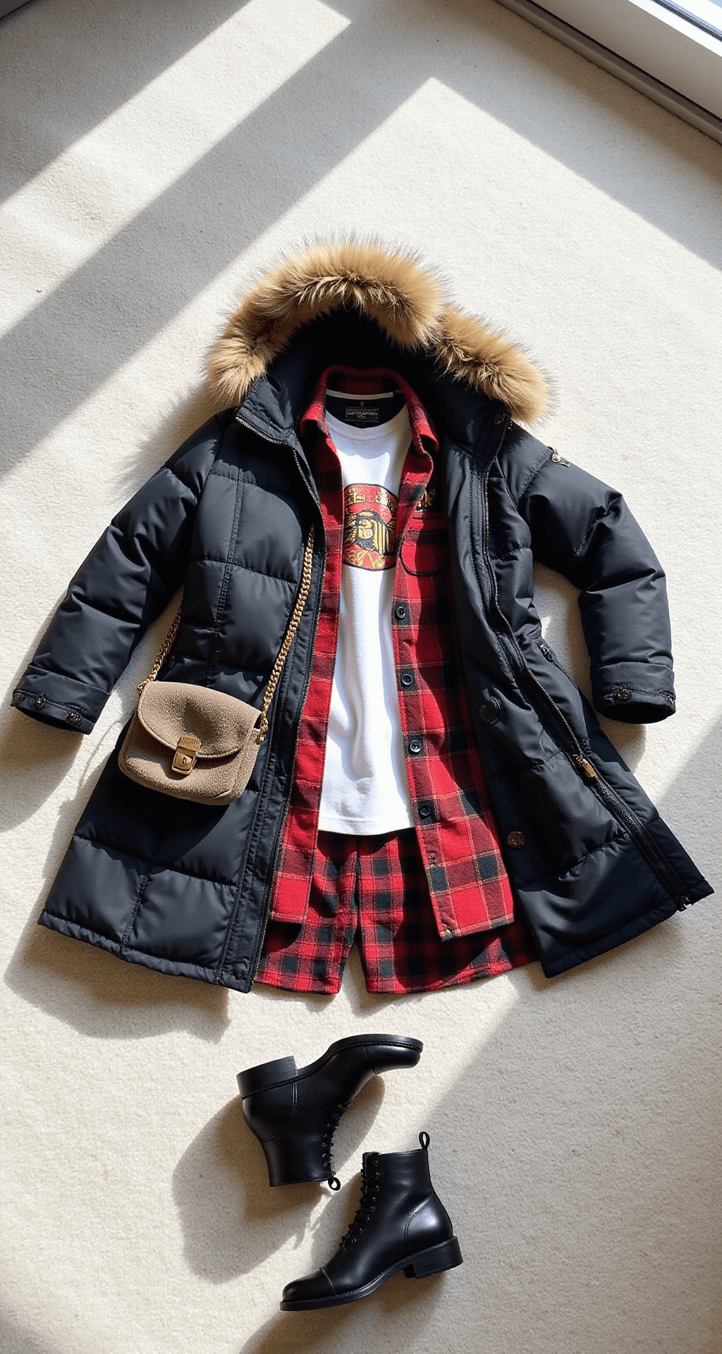 Flat lay of a game day outfit on a plush white carpet, featuring an oversized black quilted parka, red and gold team jersey, flannel, and white thermal underneath, along with leather boots, a knit beanie, smartphone-compatible gloves, and a structured crossbody bag, all lit by bright diffused daylight from floor-to-ceiling windows.