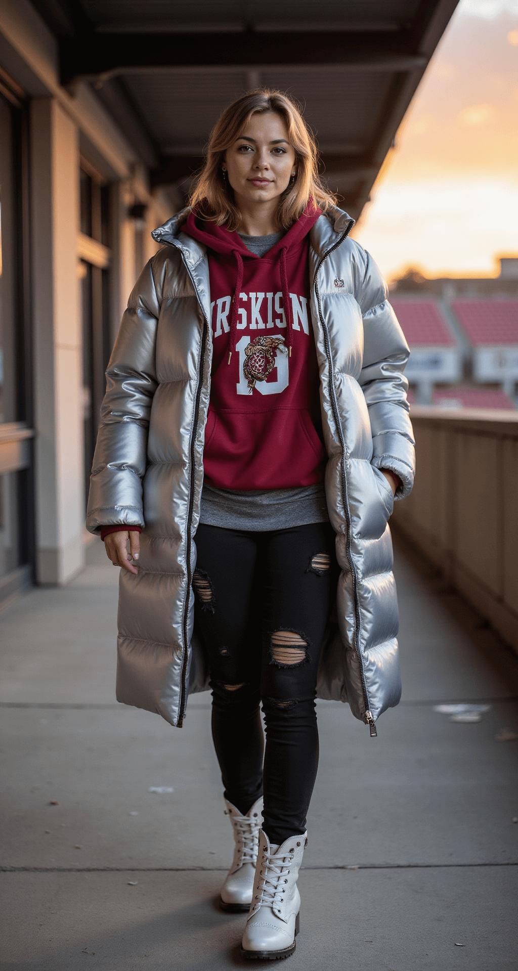 A fan stands on a stadium concourse during magic hour, bathed in warm artificial lighting and sunset glow. They wear a silver puffer coat unzipped to showcase a crimson hoodie layered over a gray thermal, paired with black compression leggings under distressed boyfriend jeans. Statement white cowboy boots and coordinating knit accessories complete the look, with architectural elements in the background.