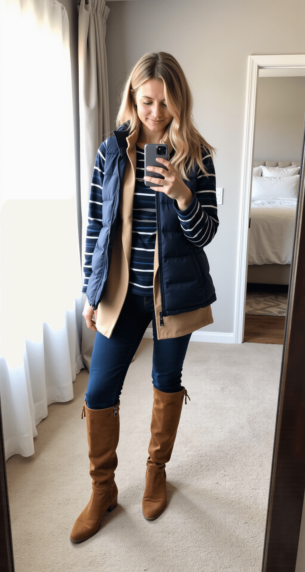 A cozy contemporary bedroom bathed in morning light, featuring a mirror selfie setup that captures a layered outfit styling process: a black thermal base, a blue and white striped team jersey, a camel oversized flannel, and a navy puffer vest, paired with dark skinny jeans and tan suede over-the-knee boots, highlighting diverse textures and careful layering.
