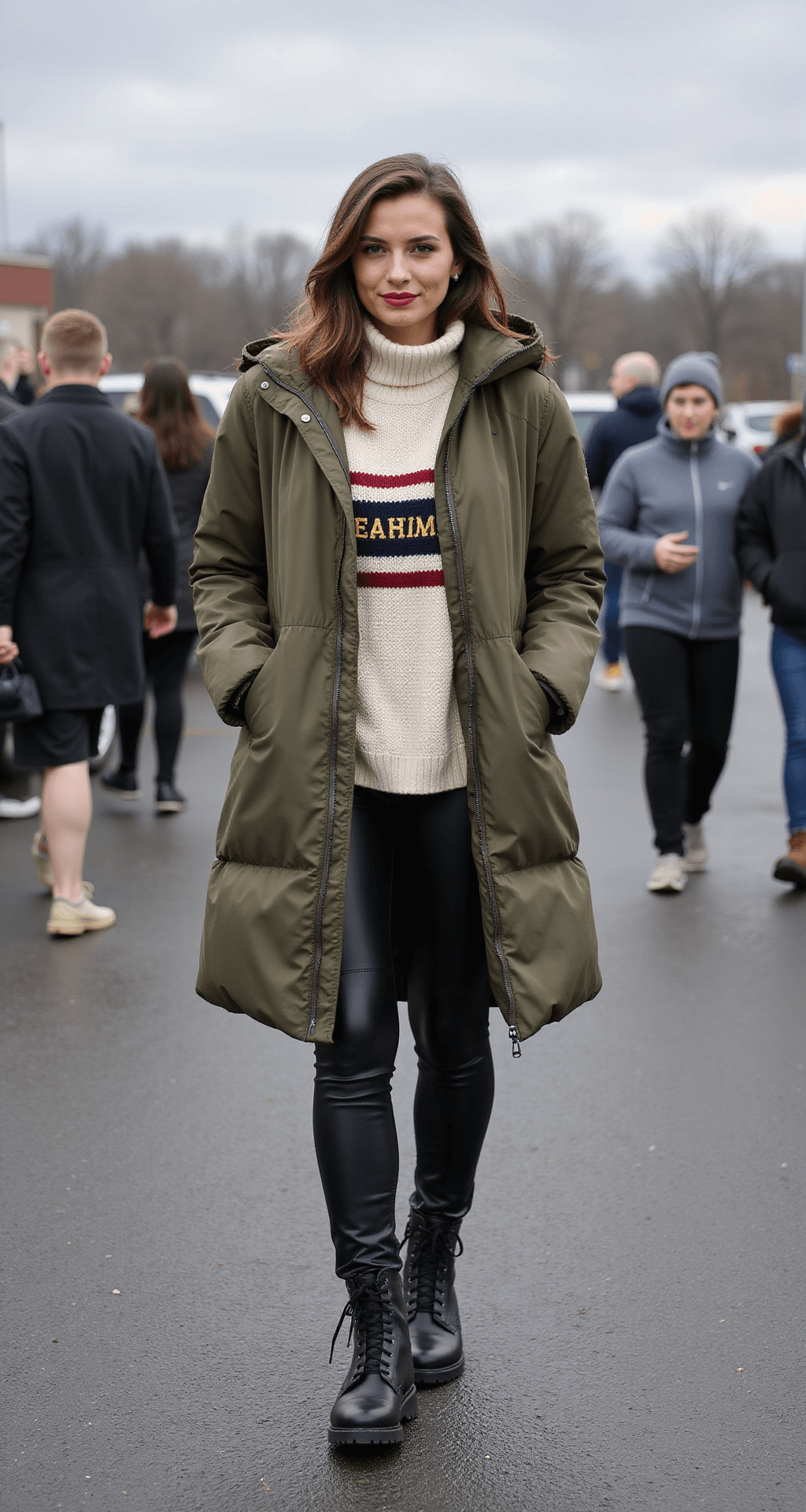 Fans in a stadium parking lot on a cloudy day, showcasing stylish cold-weather outfits with an olive green longline puffer, cream turtleneck, black leather leggings, and combat boots, while accessories in team colors add a vibrant touch.