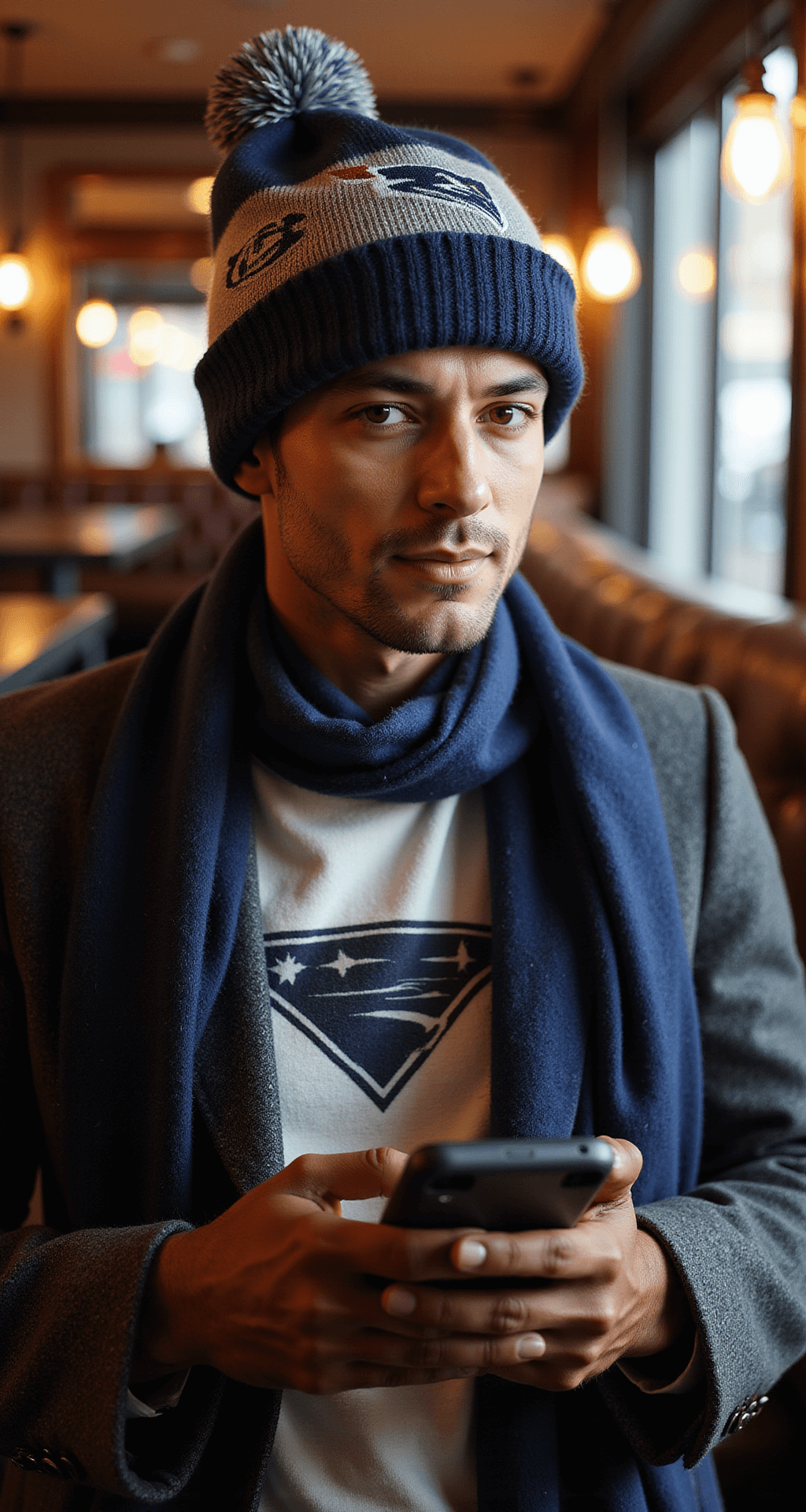 Close-up of luxurious game day accessories featuring a navy and silver metallic team logo beanie, fringed cashmere scarf, and leather gloves with tech-friendly fingertips, styled with a charcoal wool coat, white thermal mock neck, and vintage team tee in an upscale sports bar with warm ambient lighting.