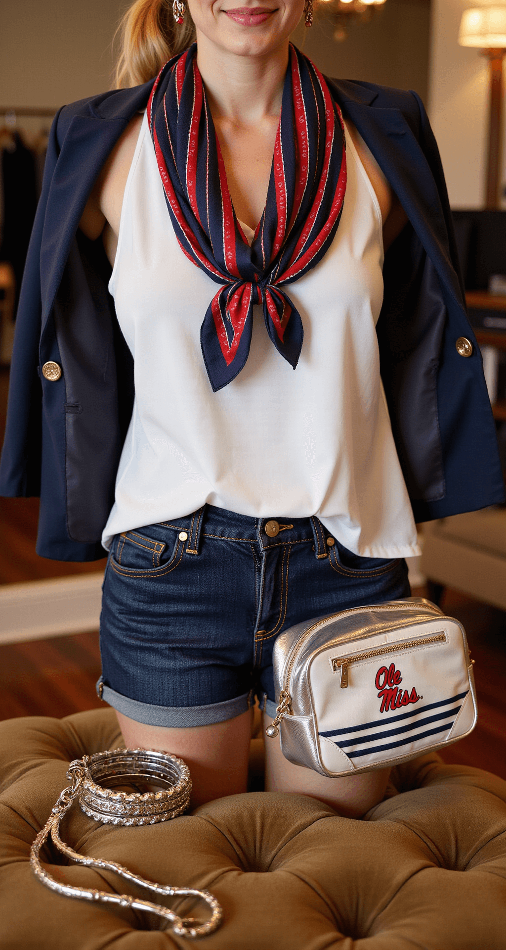 The Ultimate Ole Miss Game Day Outfit Interior of a boutique dressing room with warm lighting, featuring a flat-lay view of a white sleeveless blouse, dark denim shorts, and a red and navy striped silk scarf, alongside a navy blazer, Ole Miss logo accessories, and a clear crossbody bag on a plush velvet ottoman.