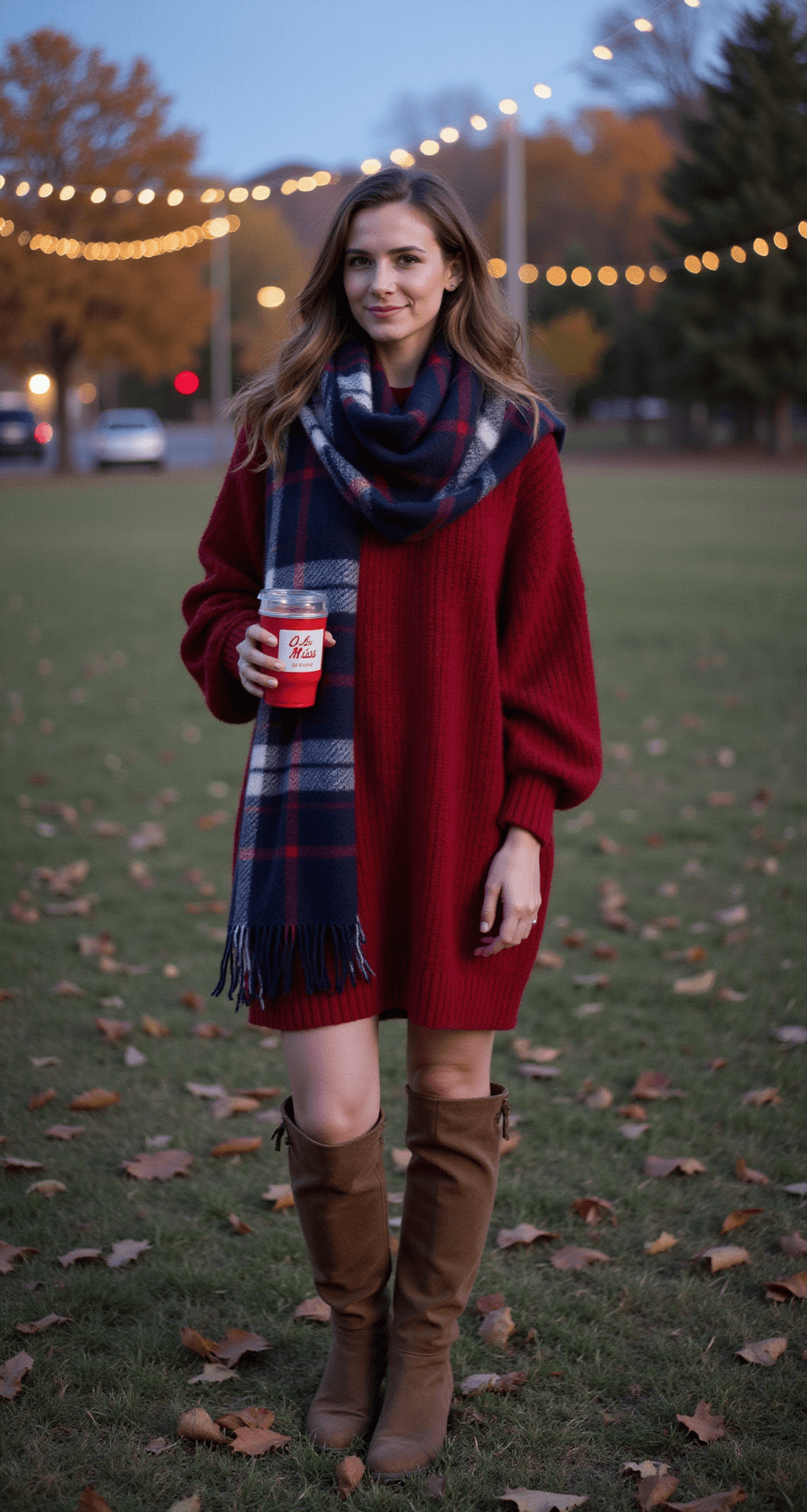 The Ultimate Ole Miss Game Day Outfit A model in a cozy oversized red knit sweater dress and brown suede knee-high boots stands in an October twilight tailgating scene, draped in a navy plaid blanket scarf and holding a vintage-inspired Ole Miss tumbler. Soft string lights twinkle in the background against a backdrop of scattered autumn leaves, illuminated by natural golden-blue hour lighting with shallow depth of field showcasing texture details.