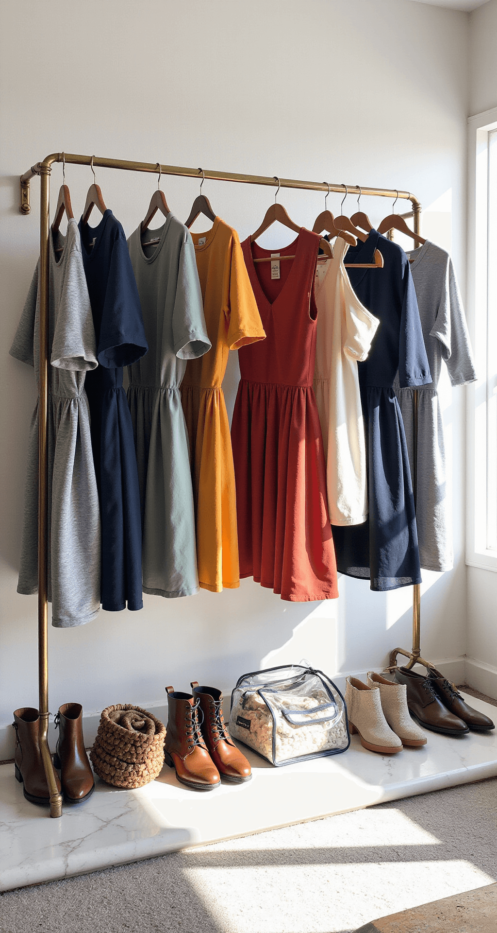 The Ultimate Ole Miss Game Day Outfit Bright midday scene in a modern apartment featuring an organized game day wardrobe layout, including team color dresses on a brass rack, neatly folded statement tops, coordinating accessories on a white marble surface, clear stadium bags, and comfortable footwear lined up below, all illuminated by natural light.