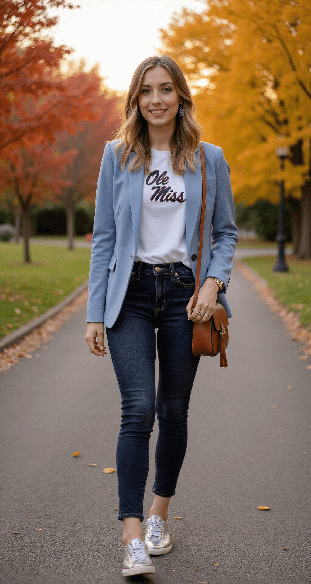 The Ultimate Ole Miss Game Day Outfit A model in high-waisted dark wash jeans and a powder blue blazer over a white Ole Miss graphic tee stands in a grove during late afternoon, with brown leather crossbody bag and metallic sneakers, framed by vibrant fall foliage and golden sunset lighting in a portrait-oriented shot with shallow depth of field.