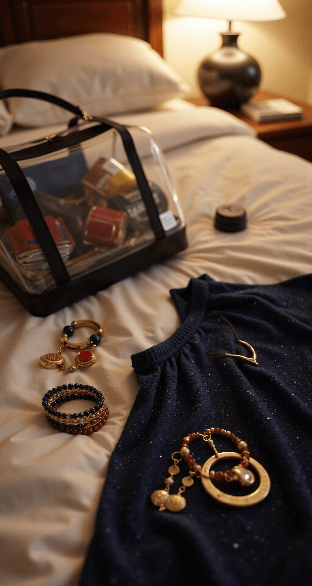 The Ultimate Ole Miss Game Day Outfit Close-up view of a well-lit bedroom scene featuring navy and red enamel statement earrings, Ole Miss charm bracelets, and a sequined navy top arranged on a white duvet, with a clear stadium bag filled with essentials nearby, illuminated by warm lamp light that accentuates the metallic details.