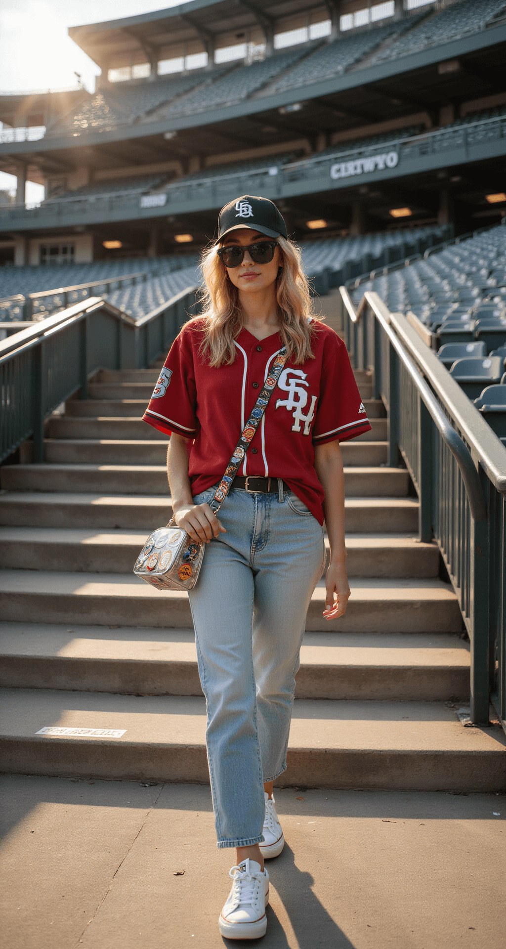 A low-angle shot of a female fan in a team jersey and high-waisted mom jeans walking up stadium steps, wearing chunky white sneakers, a vintage baseball cap, and oversized sunglasses. A clear stadium-approved bag with team patches hangs crossbody, all illuminated by warm golden hour lighting.