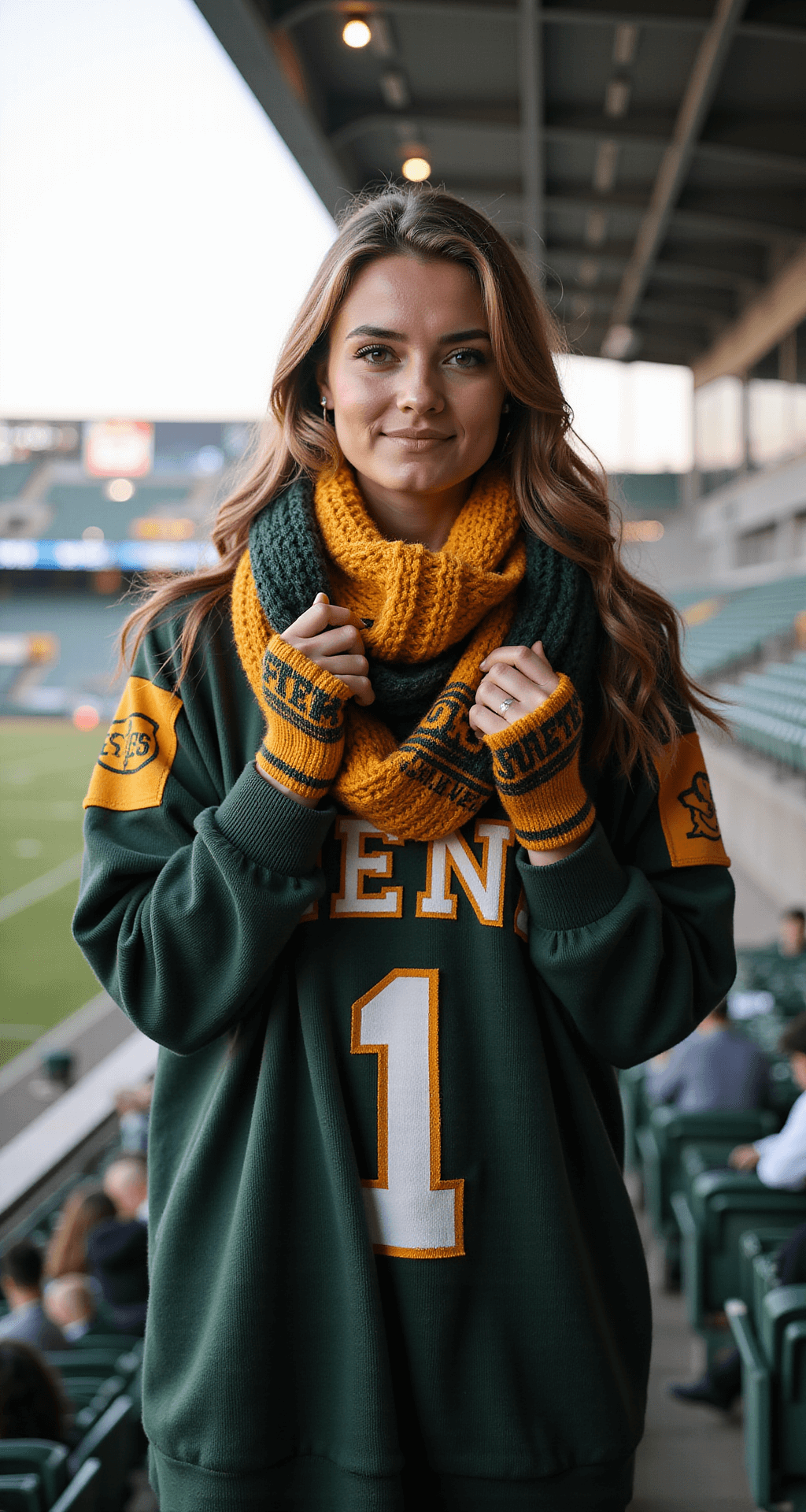 Close-up of a person adjusting a cozy knit team scarf over a fitted long-sleeve thermal and an oversized team jersey, with fingerless gloves. Natural light highlights the textures, set against a blurred background of stadium seats.