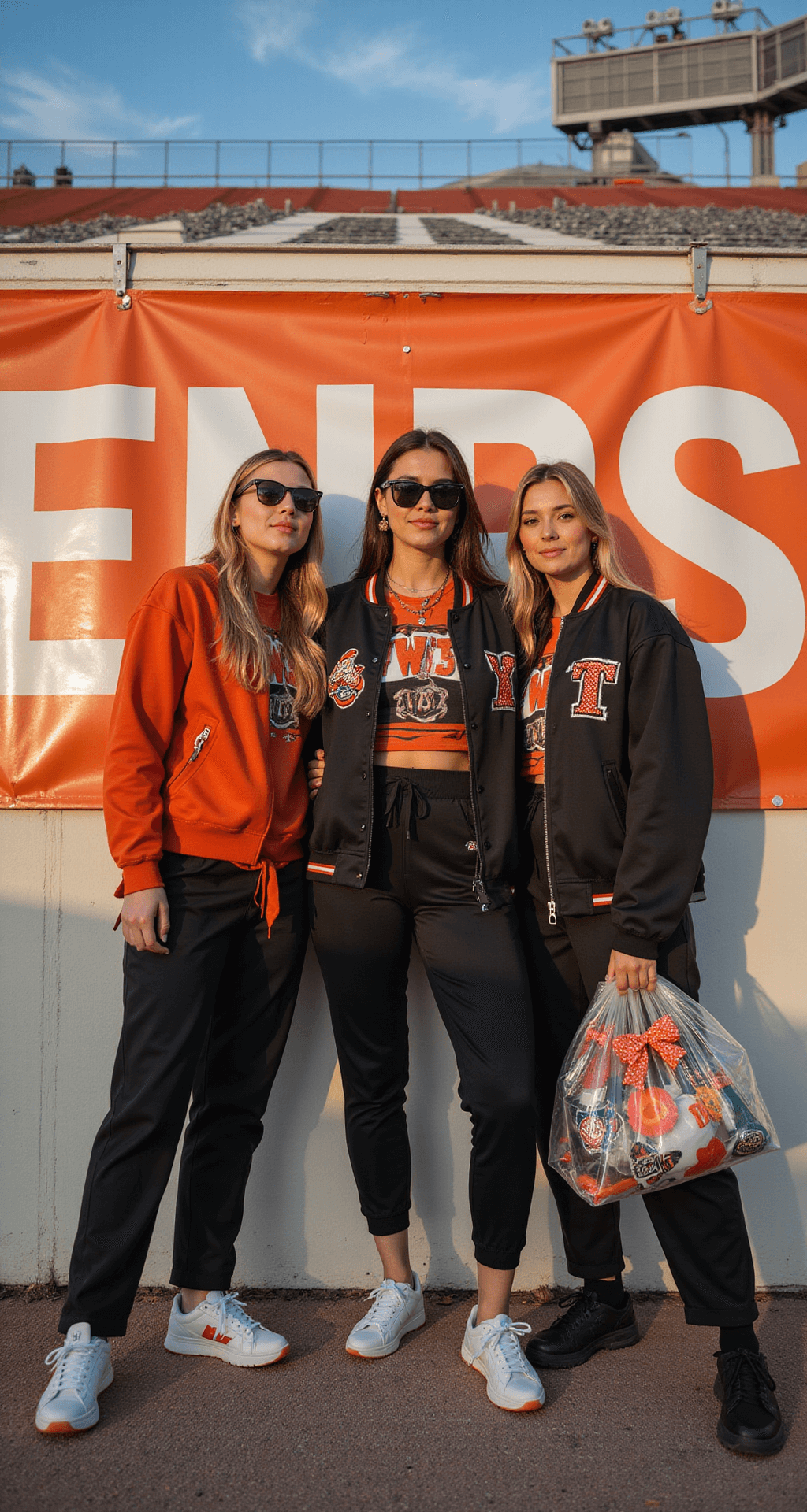 Three female fans pose against a large team banner, dressed in team colors with one in dark joggers and a customized jacket. They carry stylish stadium bags adorned with ribbons and patches, framed by dramatic afternoon shadows and architectural elements of the stadium.