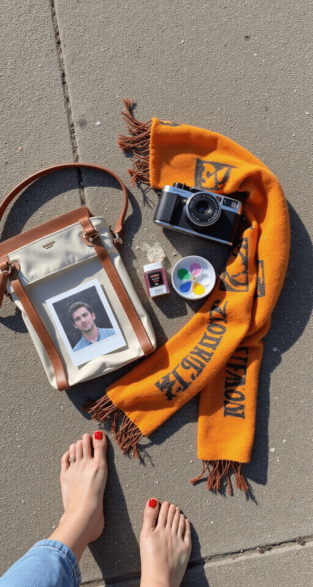 Flat lay of a weathered concrete stadium floor showcasing a curated game day collection including a vintage team scarf, a clear bag with leather trim, face paint palettes in team colors, a Polaroid camera, and simple gold jewelry, all highlighted by natural stadium lighting that casts authentic shadows.