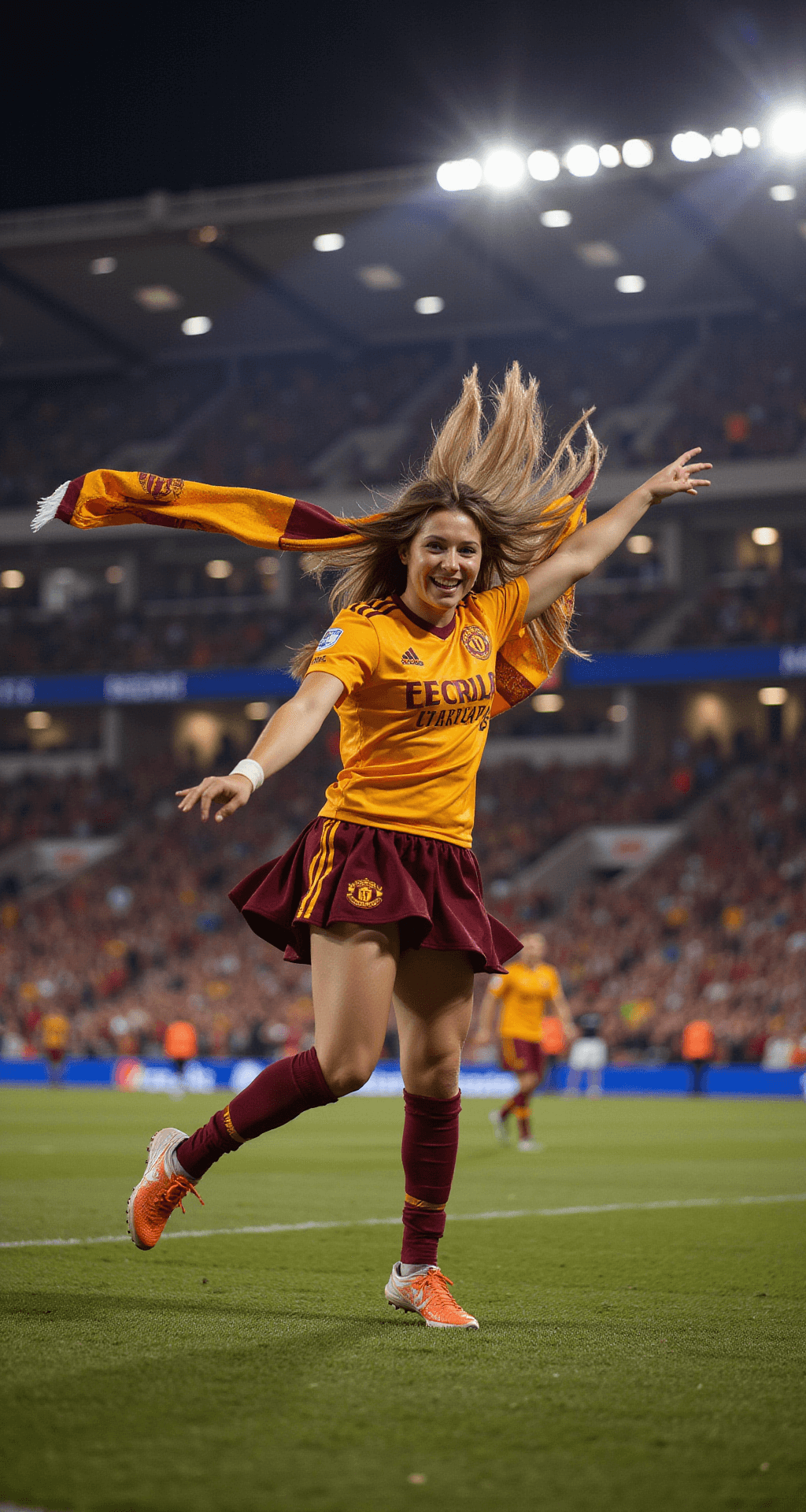 A jubilant fan in a team-colored skirt and jersey leaps in celebration, her hair illuminated by stadium lights and scarf waving as the crowd and lights blur in the background, captured in a high-speed action shot during golden hour.