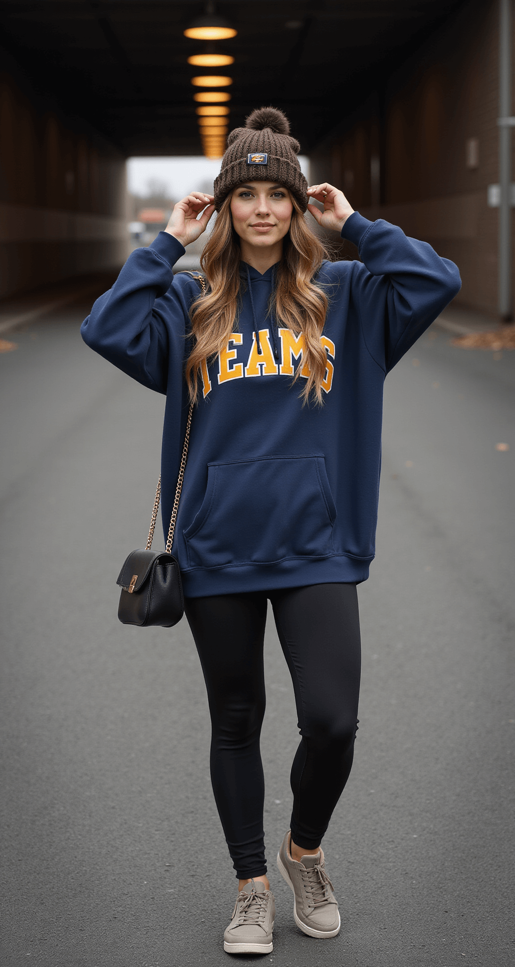 A cozy cold-weather outfit featuring a chunky knit beanie, oversized team hoodie, and black thermal leggings, styled at a stadium tunnel entrance with dramatic lighting; includes neutral sneakers and a mini crossbody bag.