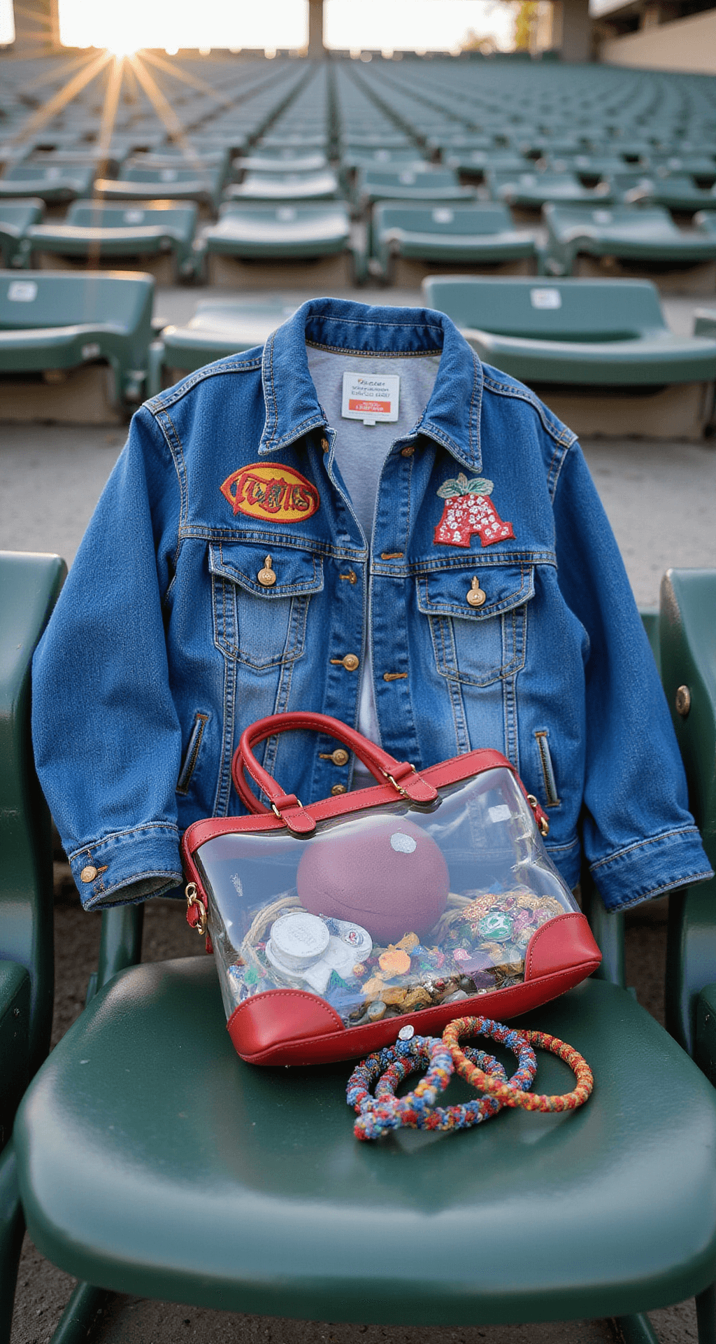 A vintage stadium seat showcases a DIY game day accessories spread, featuring a hand-painted denim jacket with a team logo, colorful handmade friendship bracelets, and an upcycled clear bag adorned with creative embellishments, all illuminated by morning light streaming through the stadium architecture, captured with a macro lens highlighting intricate details and textures.