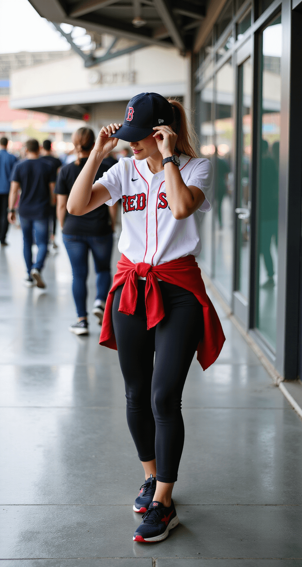 A fan in a modern fitted Red Sox jersey and black athletic leggings adjusts her backwards cap in a reflective surface, with a red bomber jacket tied around her waist, as bright midday sunshine illuminates a bustling stadium concourse filled with architectural lines and crowd movement.