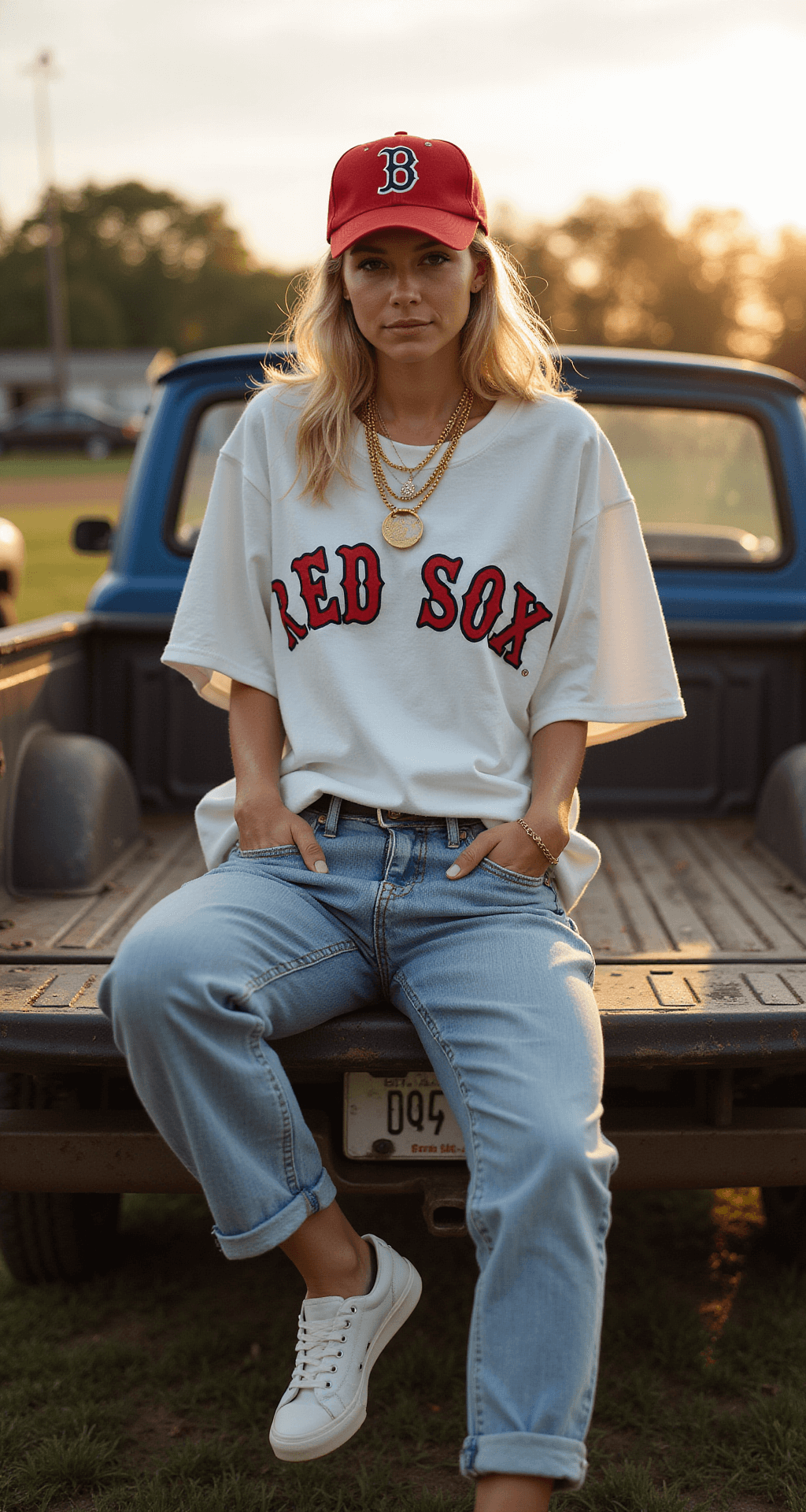 A casually dressed individual sitting on the tailgate of a vintage truck during a late afternoon tailgate, wearing a Red Sox tee tucked into light wash mom jeans, complemented by white slip-on Vans and layered gold necklaces, with a red cap, amidst a festive game day atmosphere bathed in warm light.