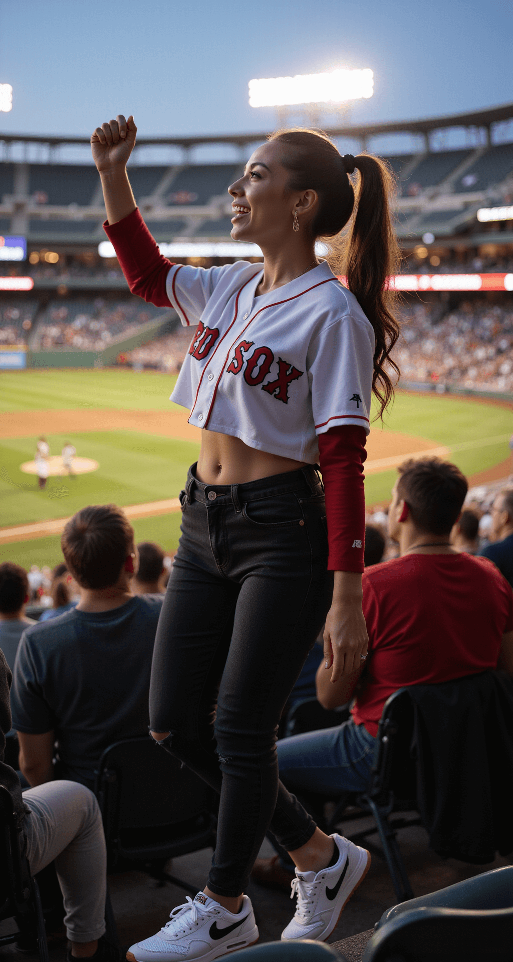 A jubilant fan in the stands celebrates under the glow of stadium lights, wearing a cropped Red Sox jersey, high-waisted black denim, and white Nike Air Max sneakers, with her hair in a ponytail and gold hoop earrings sparkling in the light.