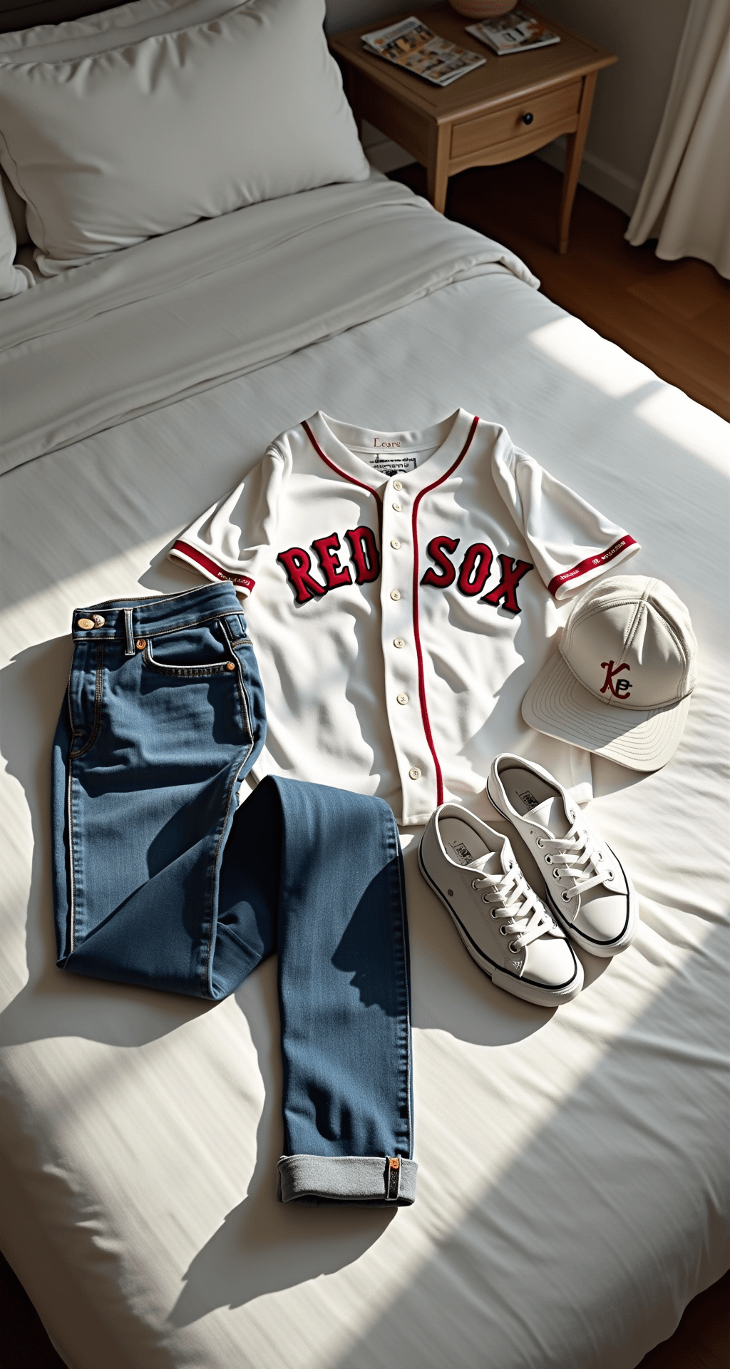 A flat lay of a Red Sox jersey styled with high-waisted jeans, white sneakers, and accessories including a vintage cap and minimal jewelry on a white bed, illuminated by soft morning light, creating a clean and modern game day outfit preparation scene.