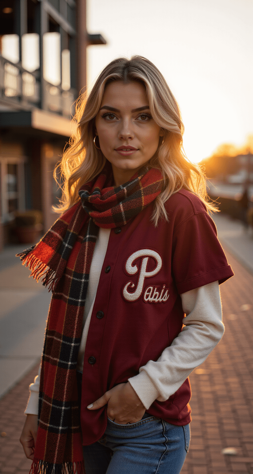 How to Rock Your Phillies Game Day Look: A Style Guide That Actually Works A female model in a burgundy Phillies jersey over a cream thermal top and vintage-wash mom jeans stands outside a stadium during a cozy fall sunset, with a plaid team-colored scarf billowing in the breeze, captured in golden hour lighting that highlights textures and depth.