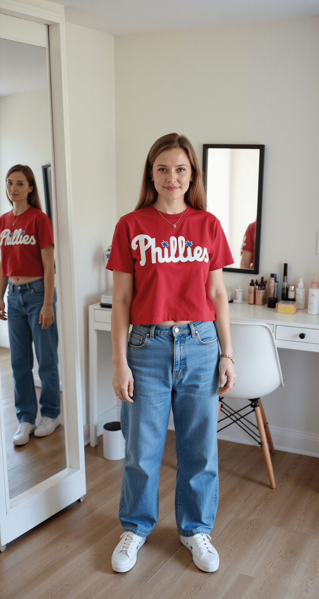 How to Rock Your Phillies Game Day Look: A Style Guide That Actually Works A minimalist dressing room with soft, diffused lighting features a three-panel mirror reflecting a game day outfit: a cropped Phillies tee, mom jeans, and white sneakers, along with coordinated accessories. A makeup station displays light beauty products suitable for game day.