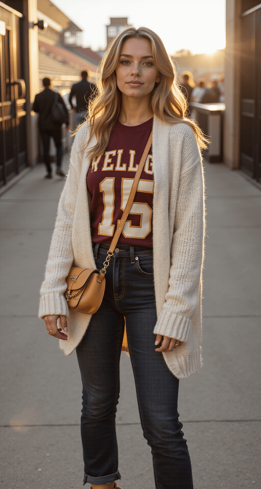 A stylish young woman in a vintage-wash team jersey, high-waisted dark denim, and a cream chunky knit cardigan stands at a sunlit college football stadium entrance, showcasing her outfit with a clear crossbody bag and golden-brown combat boots, framed by warm golden hour lighting and stadium architecture.