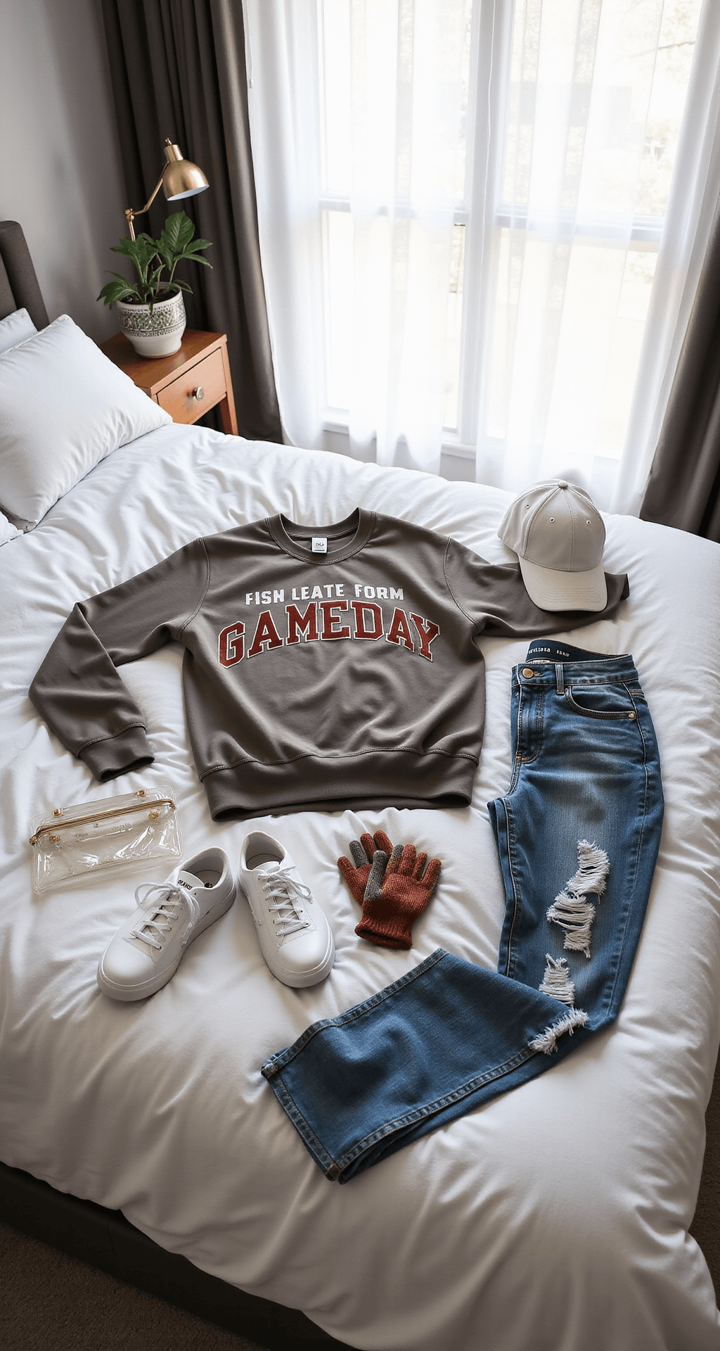 Flat lay of a modern bedroom in early morning light featuring a game day outfit on a white duvet: oversized team sweatshirt, distressed jeans, white sneakers, and a baseball cap, with accessories like a clear stadium bag and a wool scarf.
