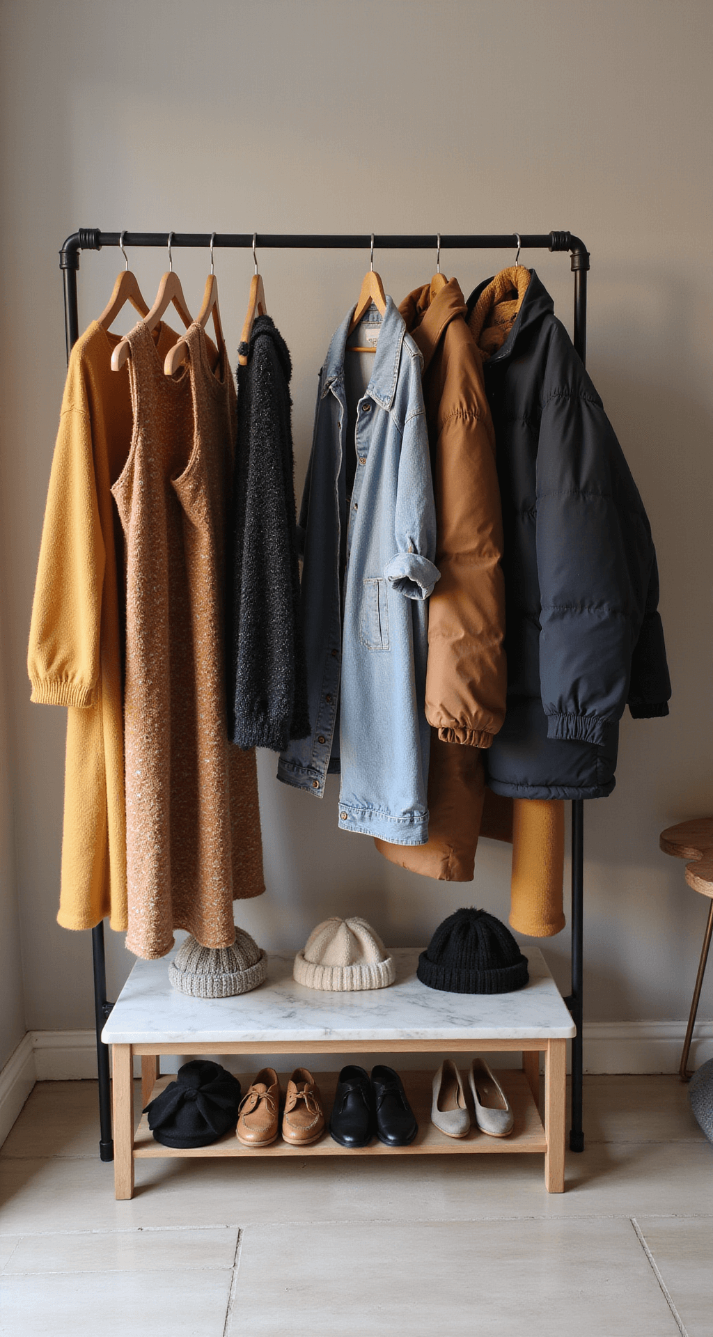 A cozy dressing room featuring a modern clothing rack with layered outfits including jersey dresses, bike shorts, denim jackets, and puffer coats in coordinating team colors, with accessories like beanies, scarves, and gloves neatly arranged on a marble surface below. Warm lighting highlights the textures and colors of the textiles in a wide-angle view of the styling setup.