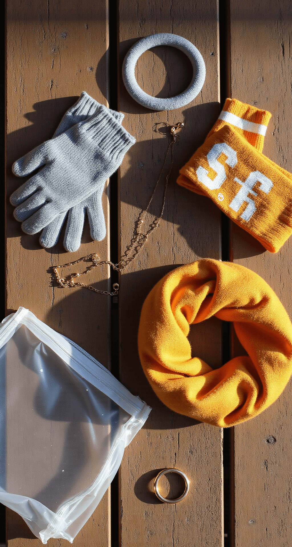 A close-up shot of game day accessories arranged on a rustic wooden surface, including touch-screen gloves, hair ties, hand warmers, a clear stadium-approved bag, minimal gold jewelry, and a team-colored scarf, all highlighted by natural morning light and subtle shadows.