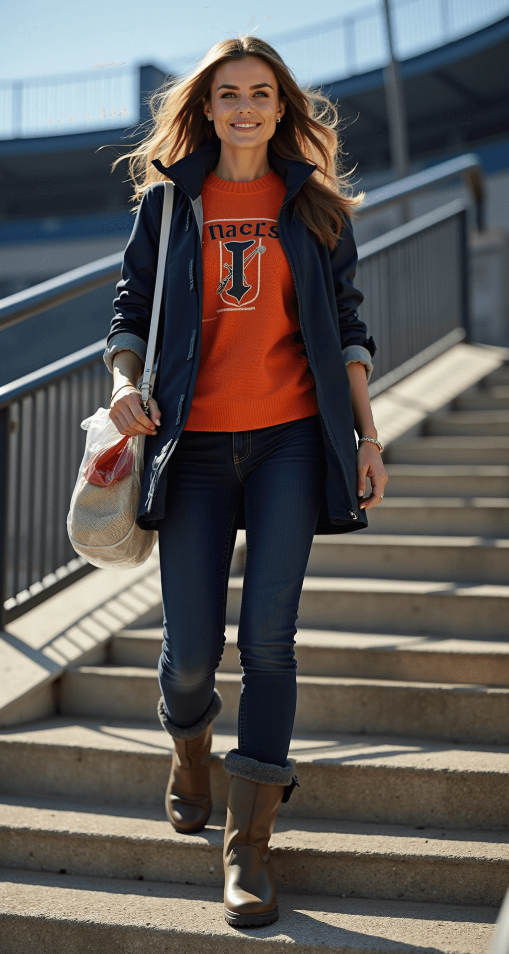 Fashion-savvy fan in team-color sweater and waterproof jacket ascends stadium steps, showcasing confidence in stylish dark jeans and weatherproof boots, with a clear bag and perfectly styled hair, captured in dramatic late afternoon lighting.