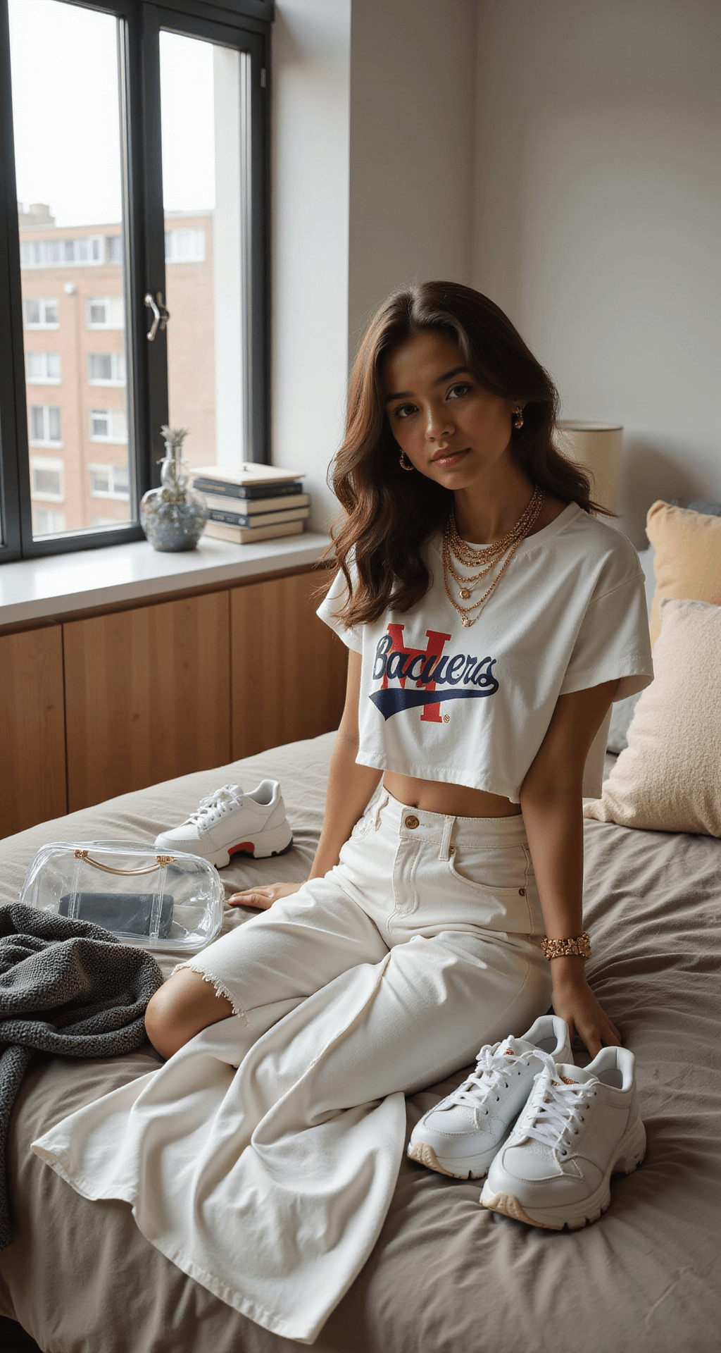 A modern apartment bedroom flooded with morning light, featuring a fashion student styling a game day outfit with a cropped team tee and white tennis skirt on her bed, surrounded by chunky platform sneakers, layered gold necklaces, and a clear stadium bag, captured in warm, detailed overhead photography with a soft bokeh effect.